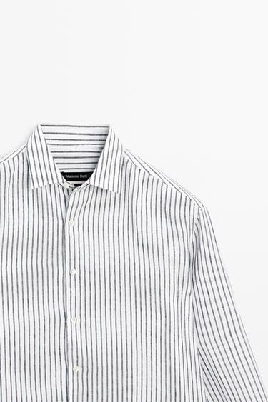 Regular fit 100% linen striped shirt — NAVY BLUE 4