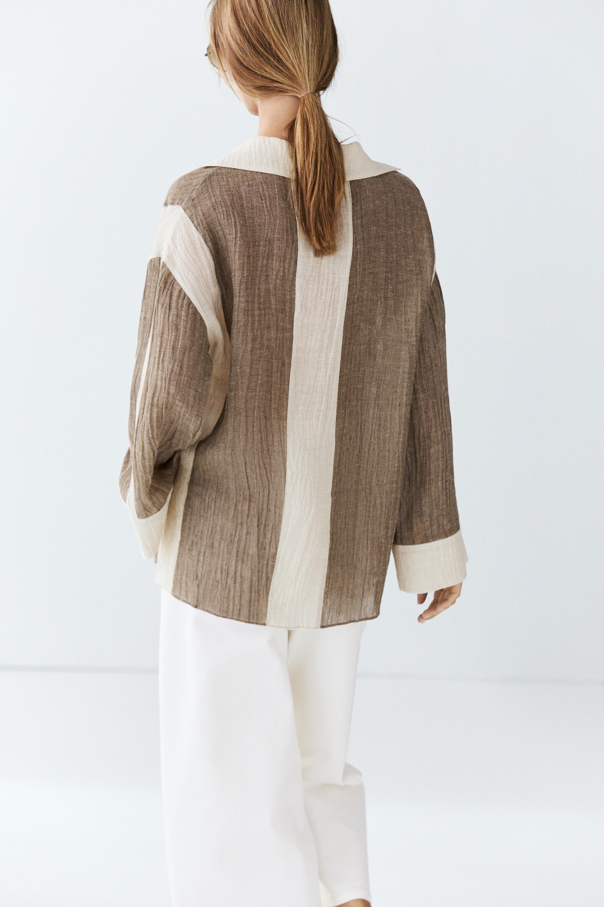 Flowing textured linen blend blouse — TAUPE GREY