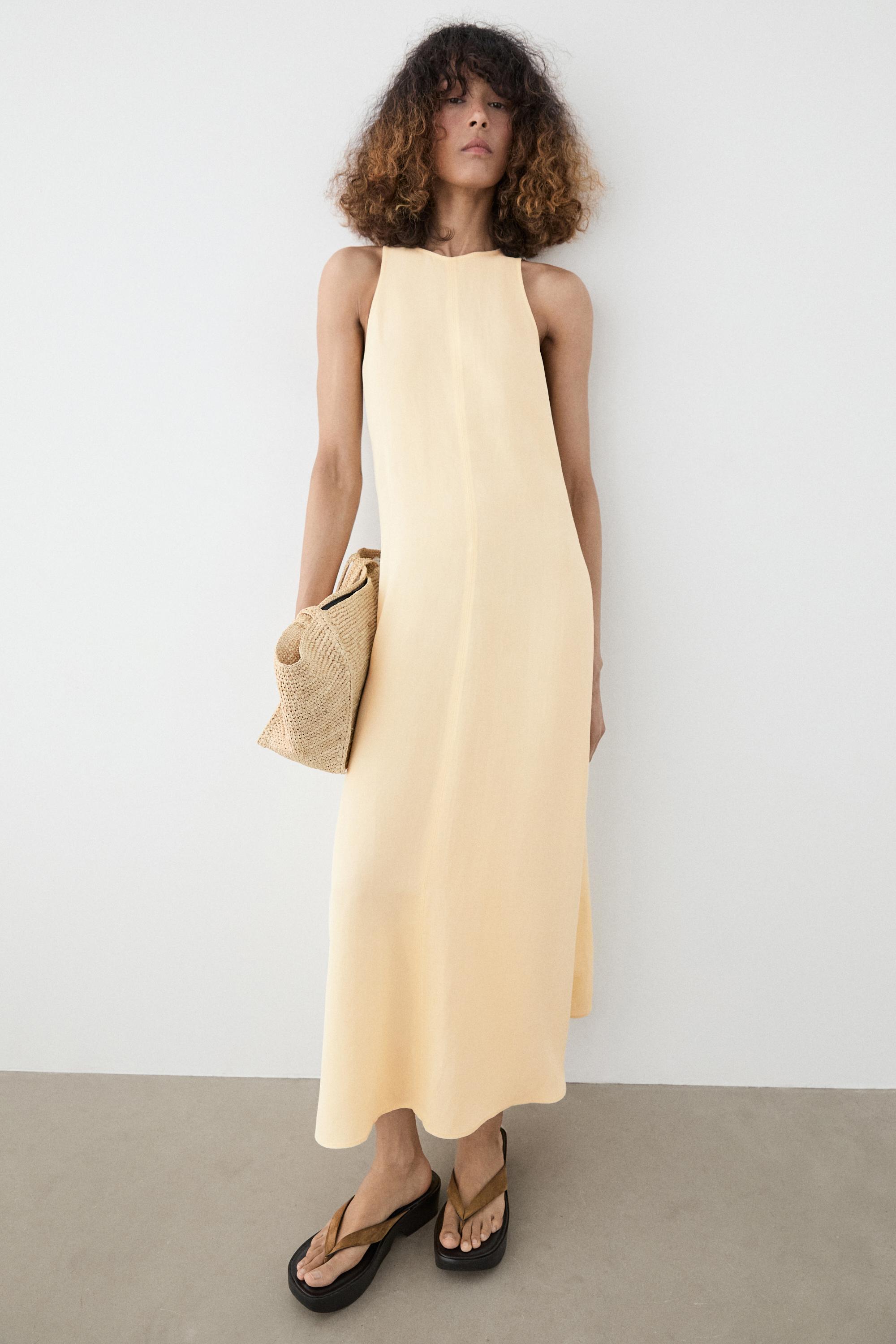 Flowing linen halter midi dress — Vanilla