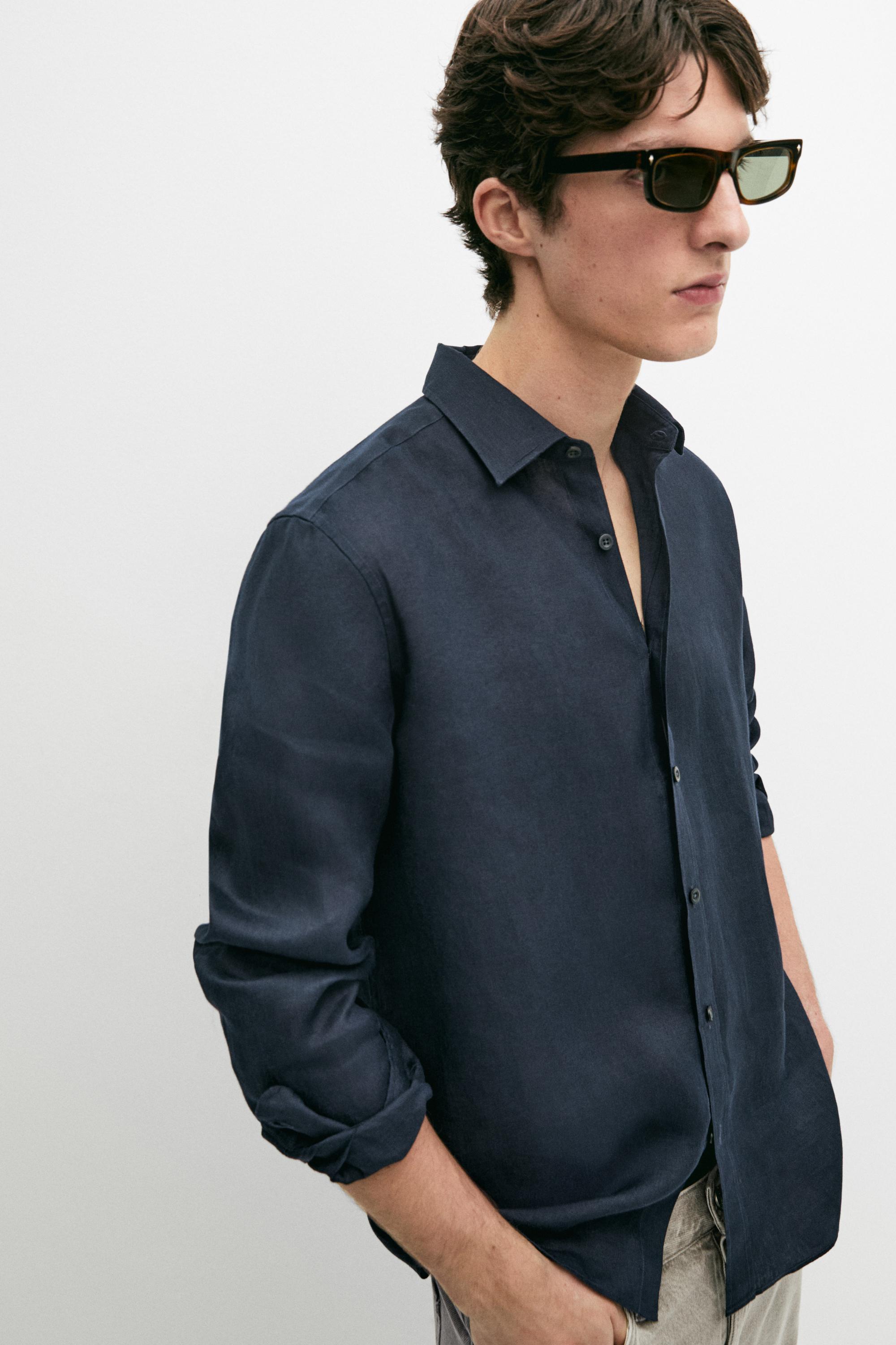 100% linen slim fit shirt — NAVY BLUE