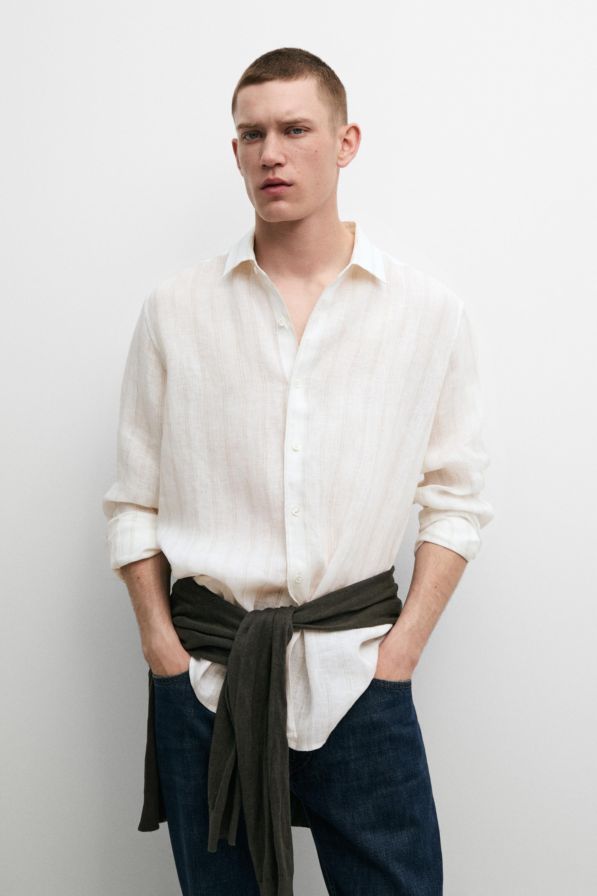 100% linen regular fit striped shirt — BEIGE