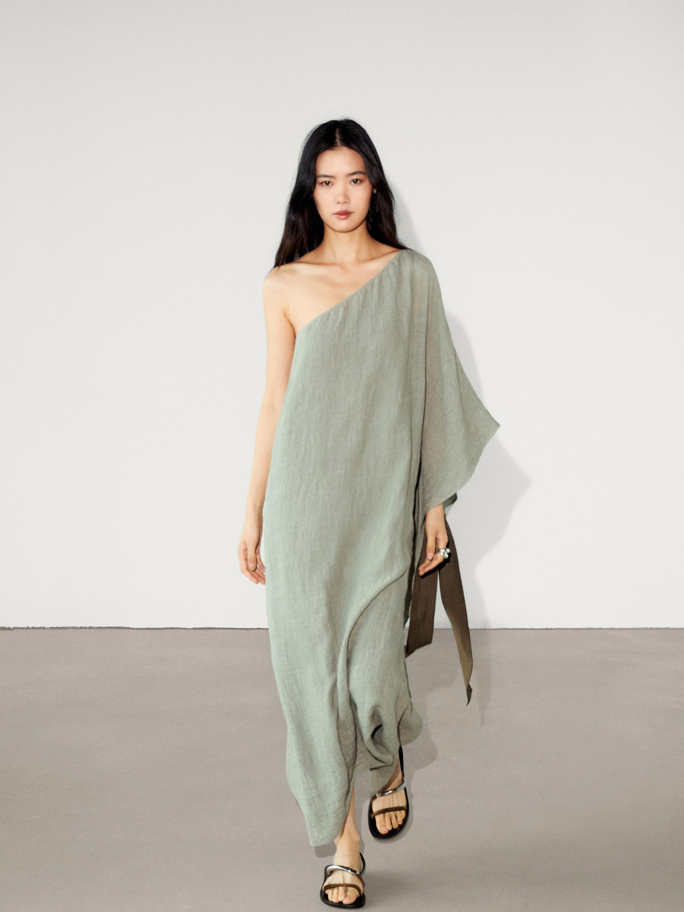 Long linen dress with asymmetric neckline