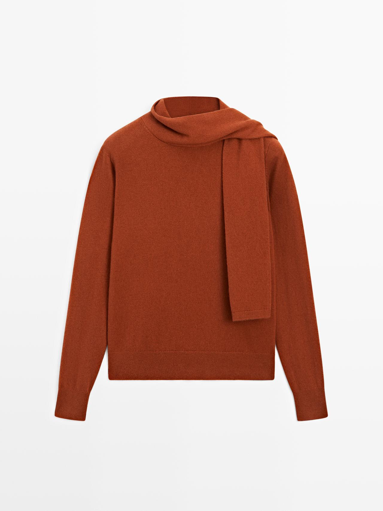 Massimo Dutti - Dame - Sweater I Uldblanding Med Tørklædedetalje - Terrakotta - L