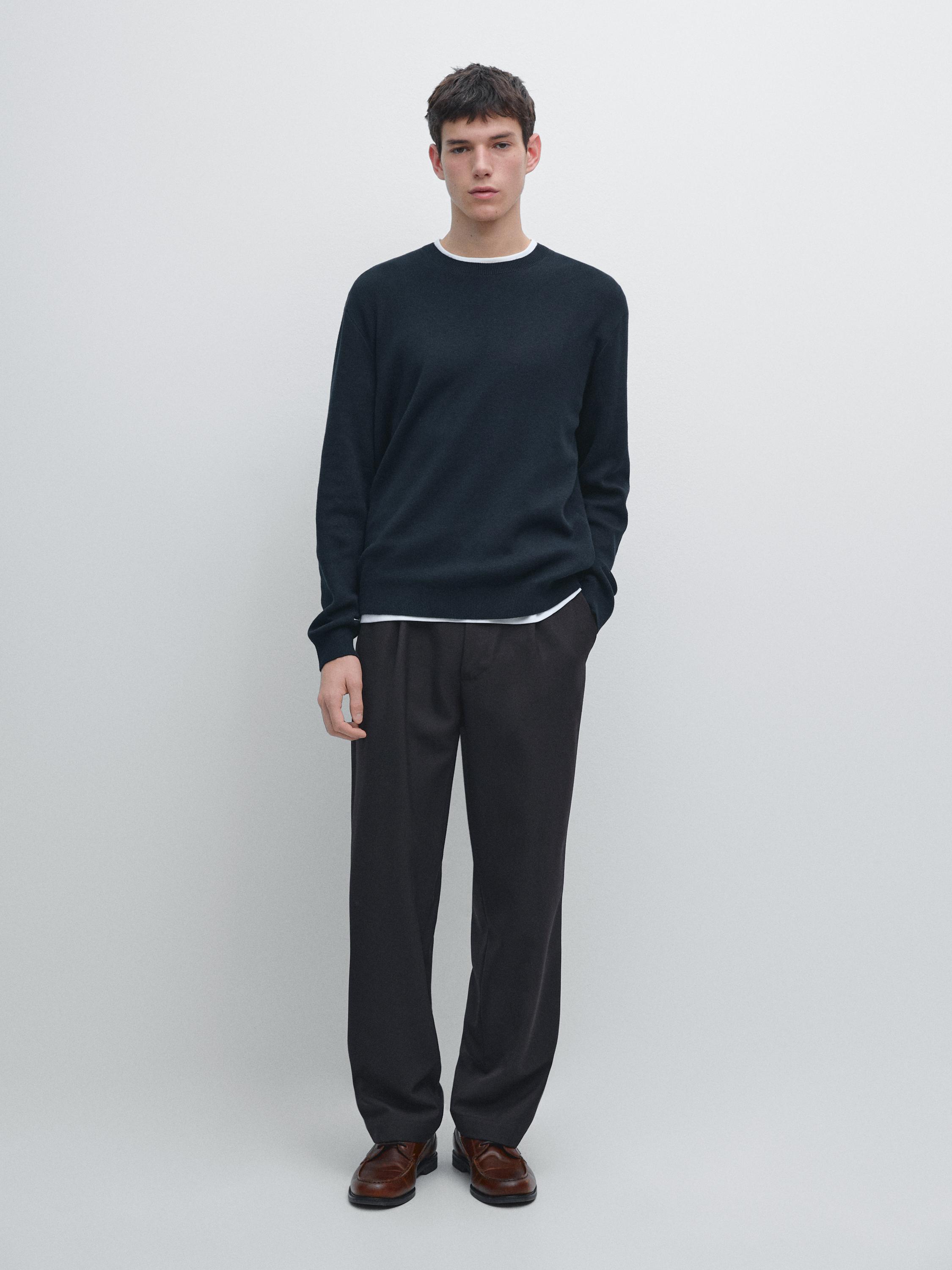 Knit 100% cotton crew neck sweater — NAVY BLUE