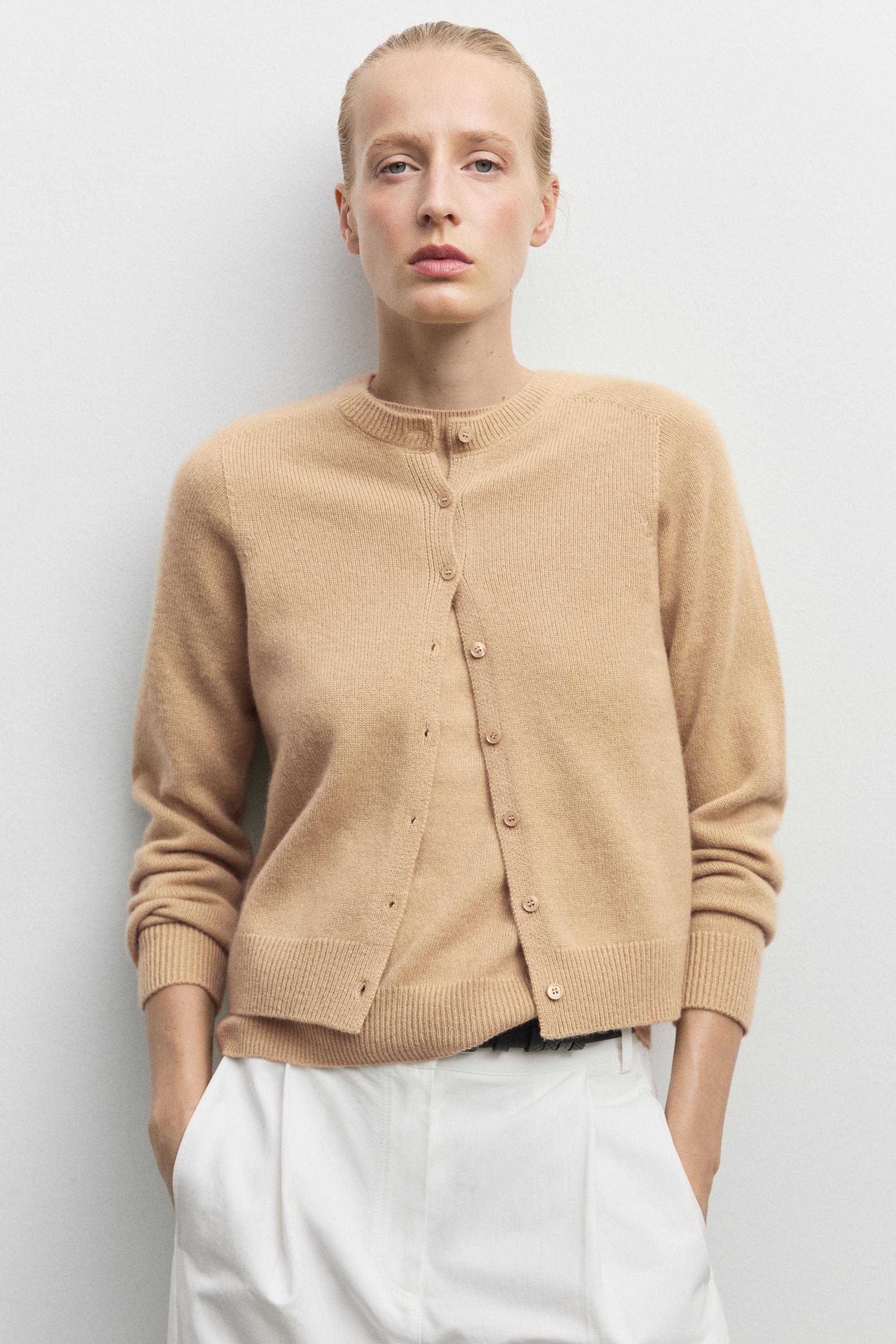 100% cashmere cropped knit cardigan - CAMEL