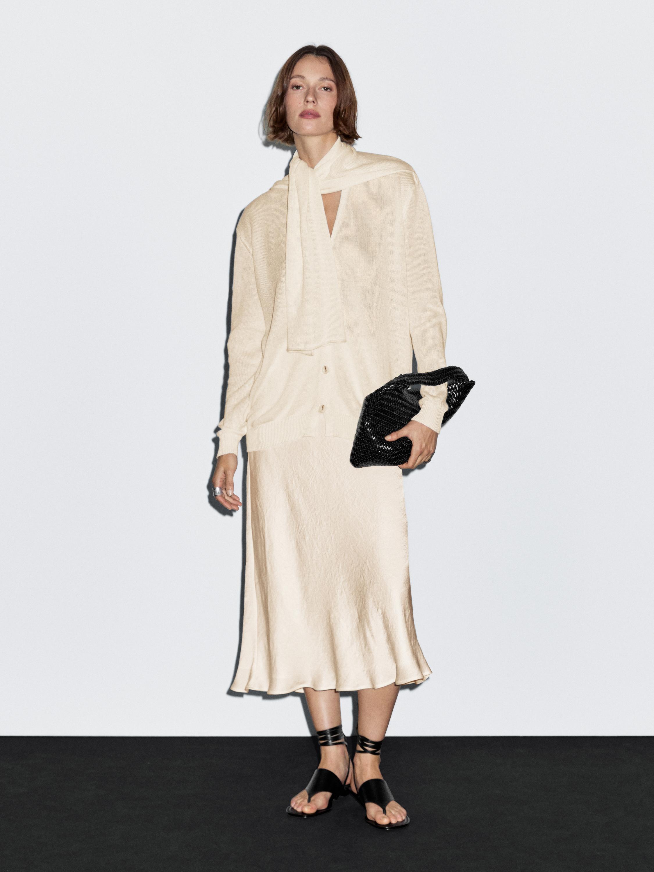 كارديغان محاك من الكتان المخلوط بوشاح