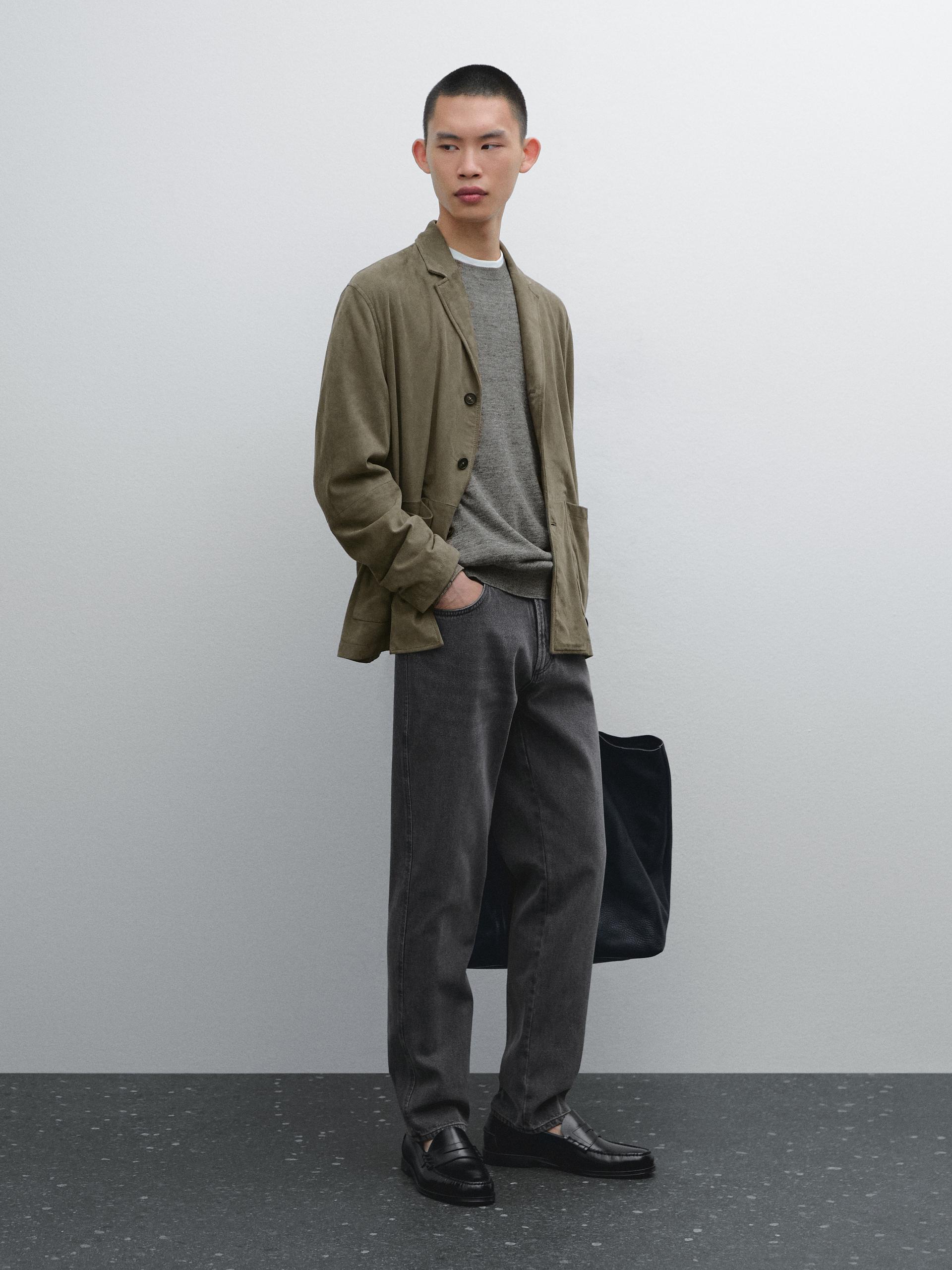 Blazer En Cuir Effet Daim - Vert Clair - L - Massimo Dutti - Homme