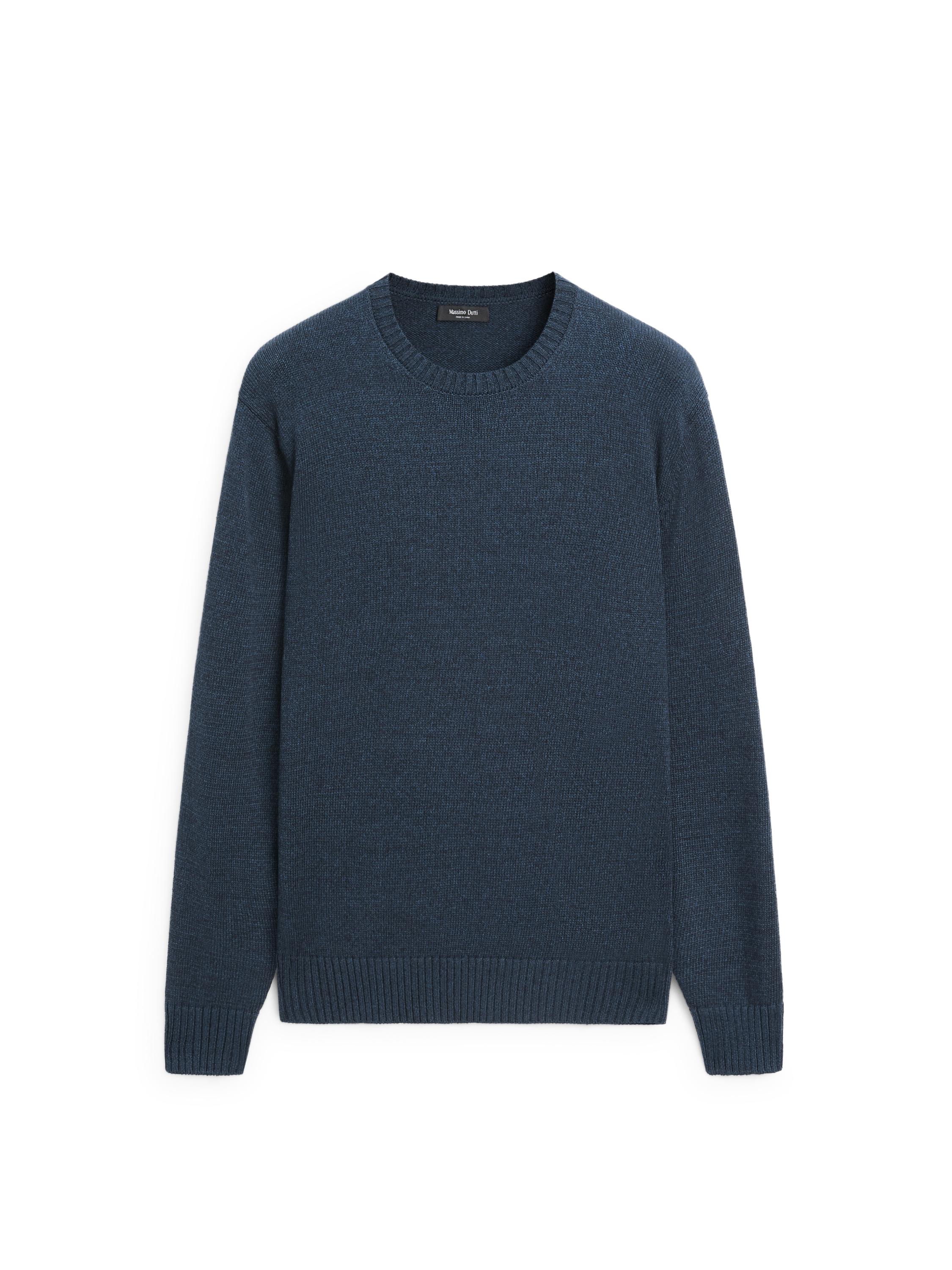 Denim-effect crew neck knit sweater — NAVY BLUE