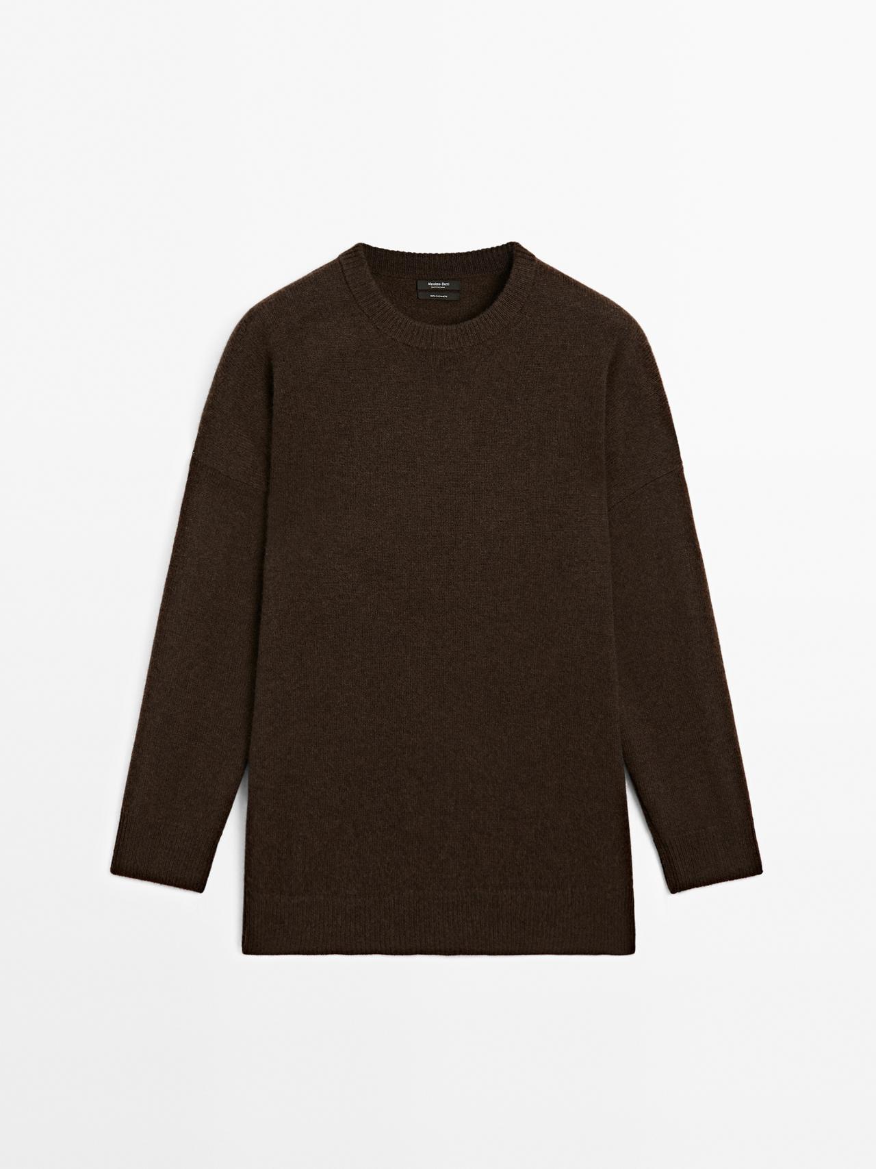 Massimo Dutti - Dame - Oversize Trøje I 100 % Kashmir Med Albuelapper - Chokolade - L