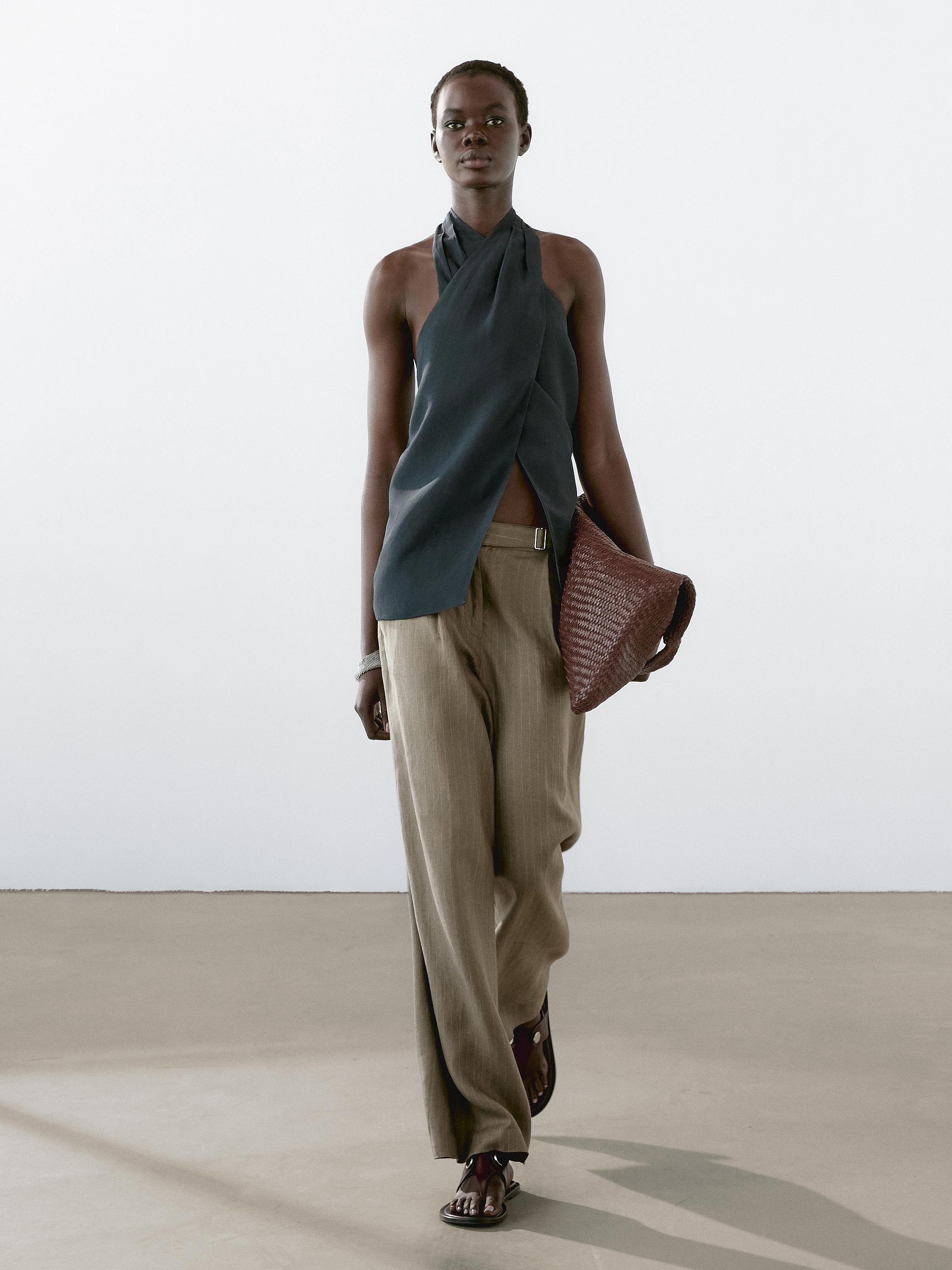 100% linen striped trousers with buckle detail
