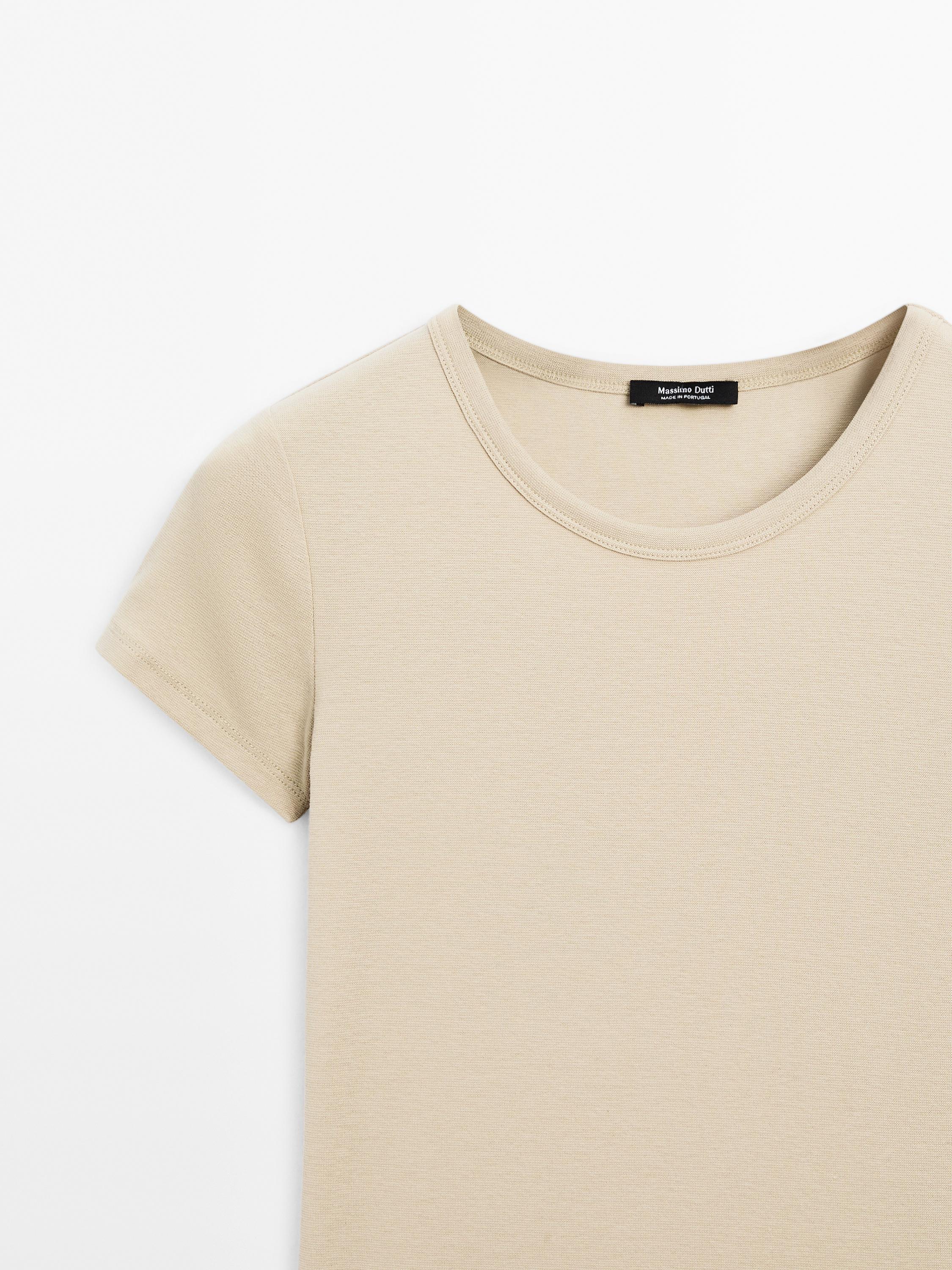 ◆Massimo Dutti◆ Short sleeve cotton blend t-shirt Short sleeve cotton blend T-shirt · Pale Green, Red · T