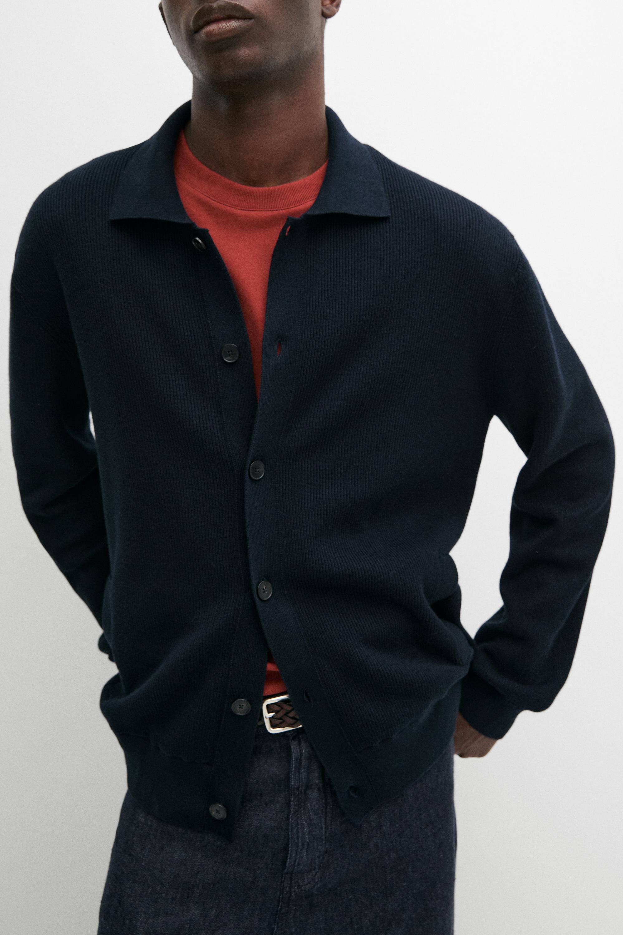 100% cotton polo collar knit cardigan — NAVY BLUE