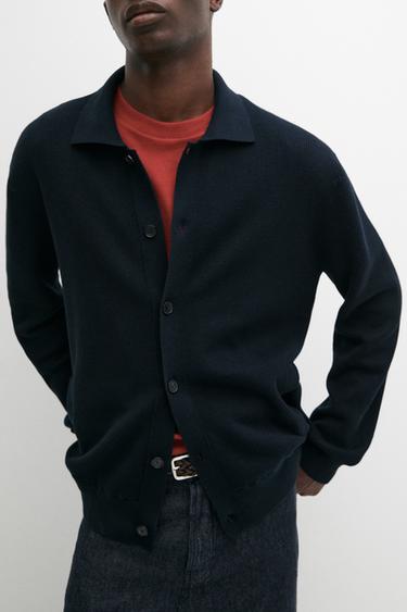 100% cotton polo collar knit cardigan — NAVY BLUE 8