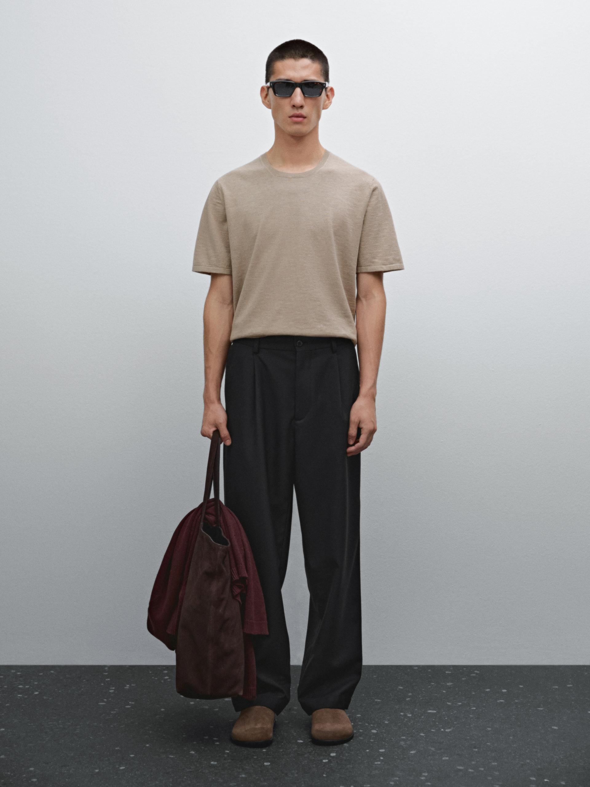 Pull À Manches Courtes En Maille De Coton Mélangé - Vison - M - Massimo Dutti - Homme