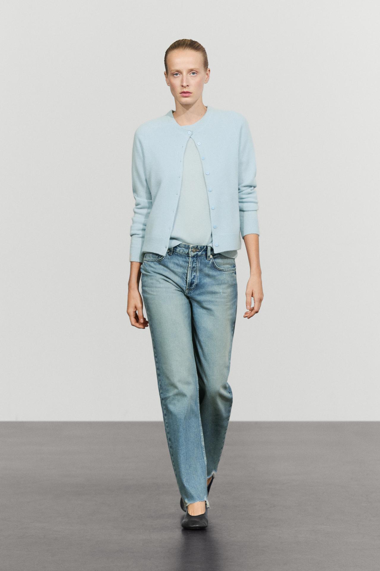 100% cashmere cropped knit cardigan — SKY BLUE