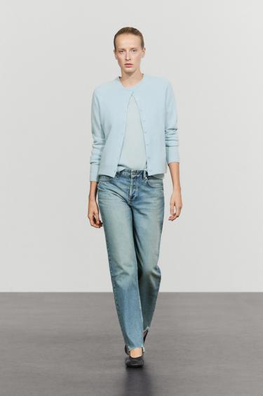 100% cashmere cropped knit cardigan — SKY BLUE 1