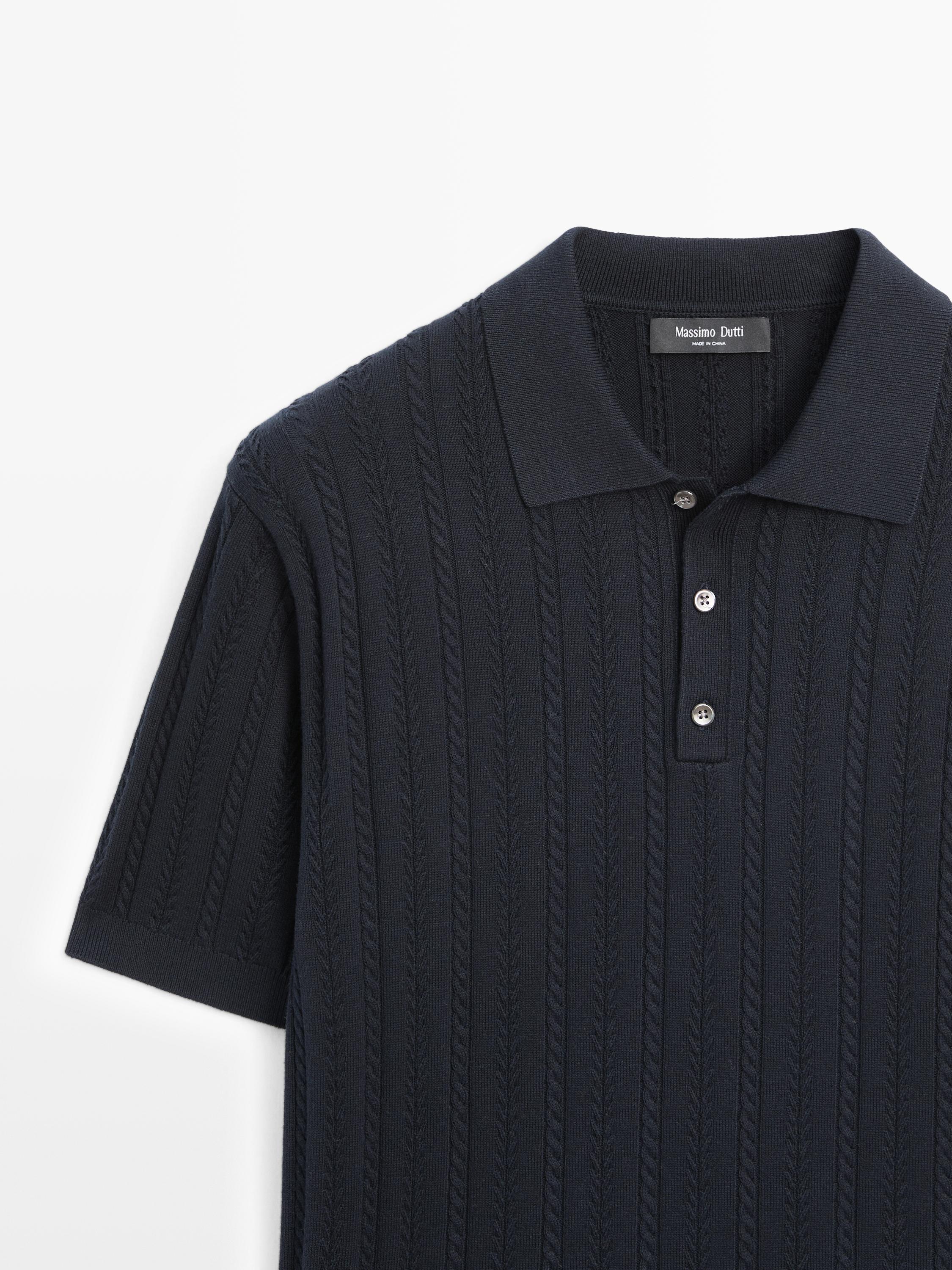 Cotton blend cable-knit polo sweater — NAVY BLUE