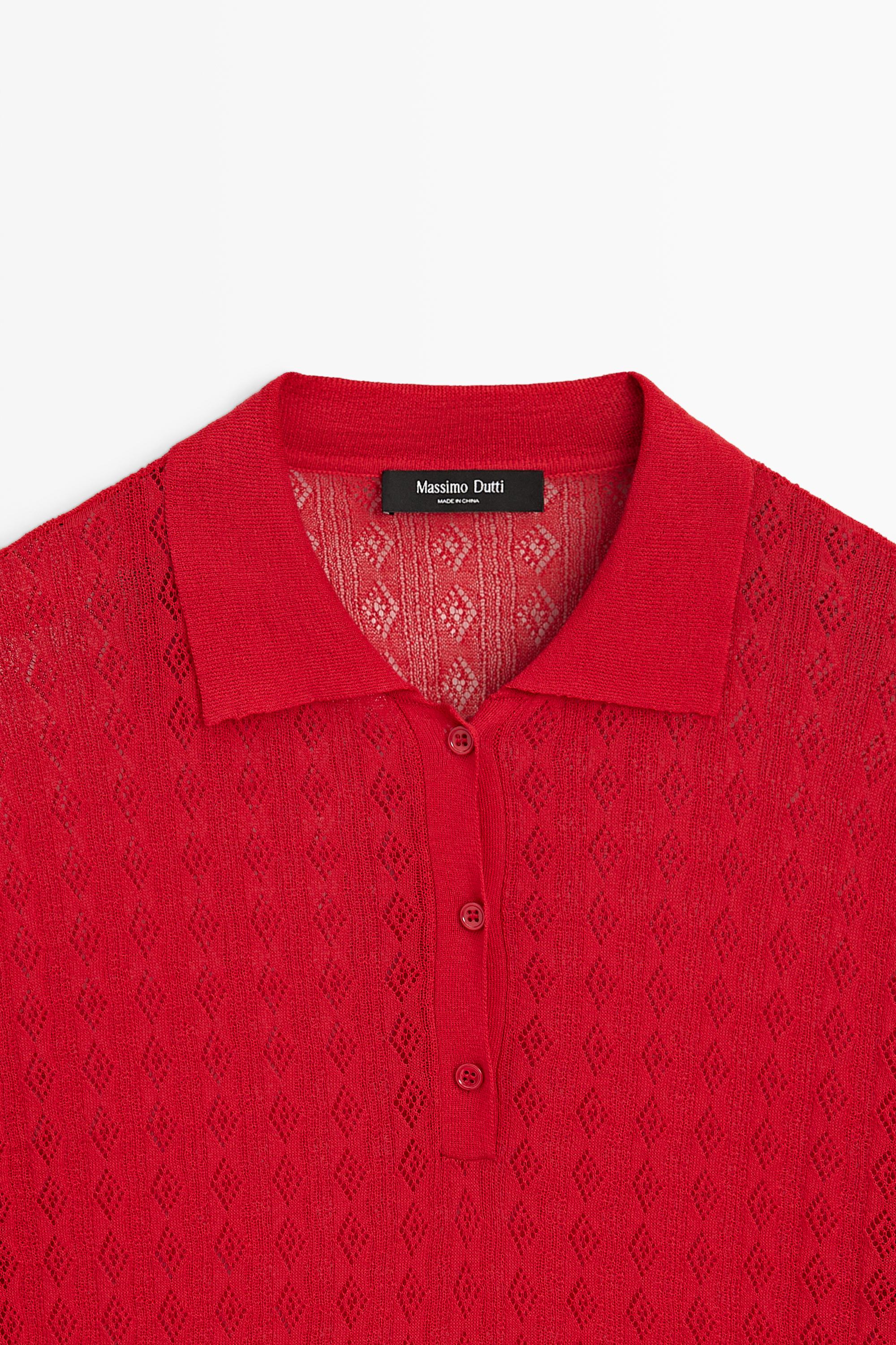 Open-knit polo sweater — RED