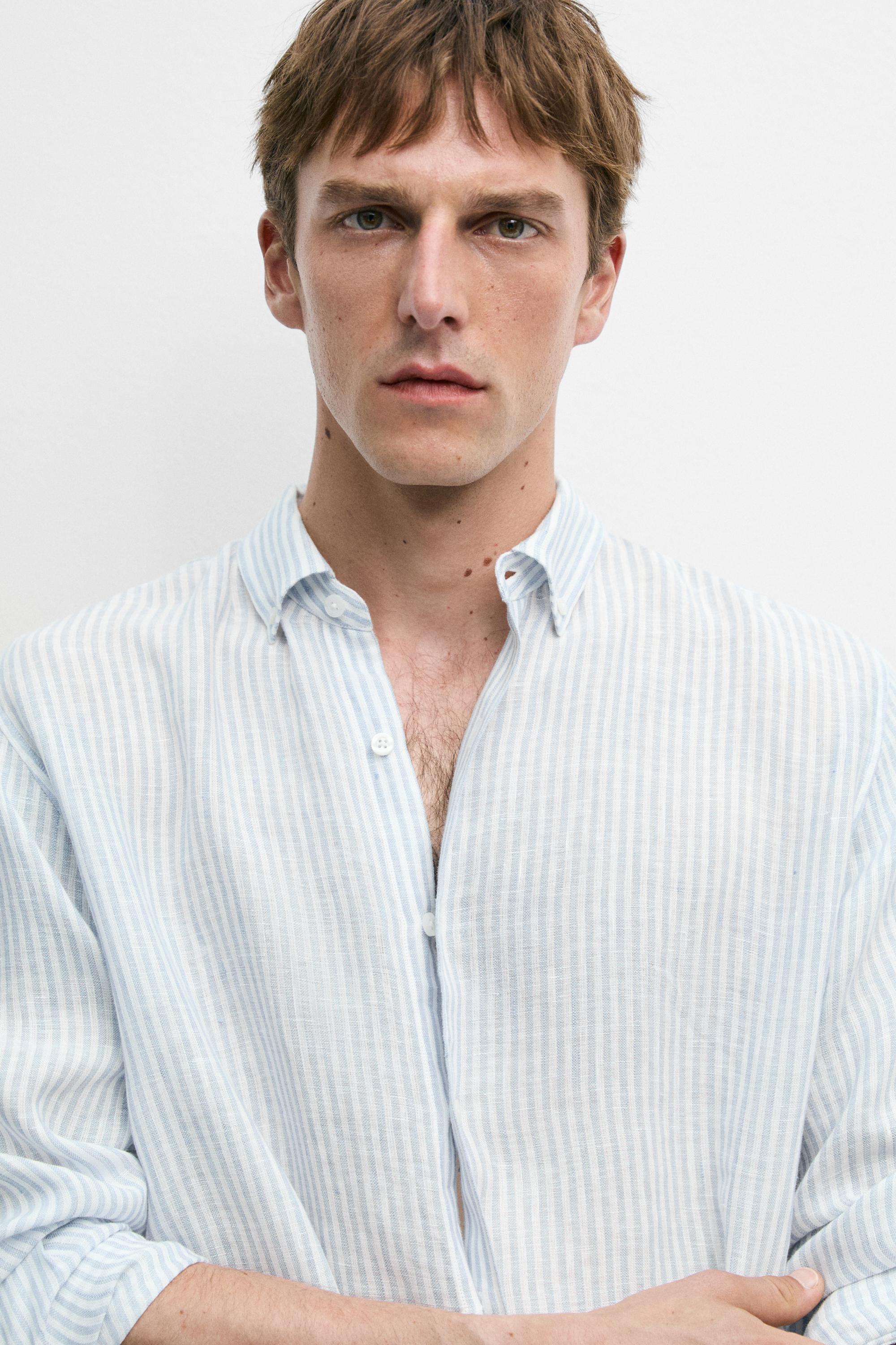 100% linen regular fit striped shirt — Sky blue