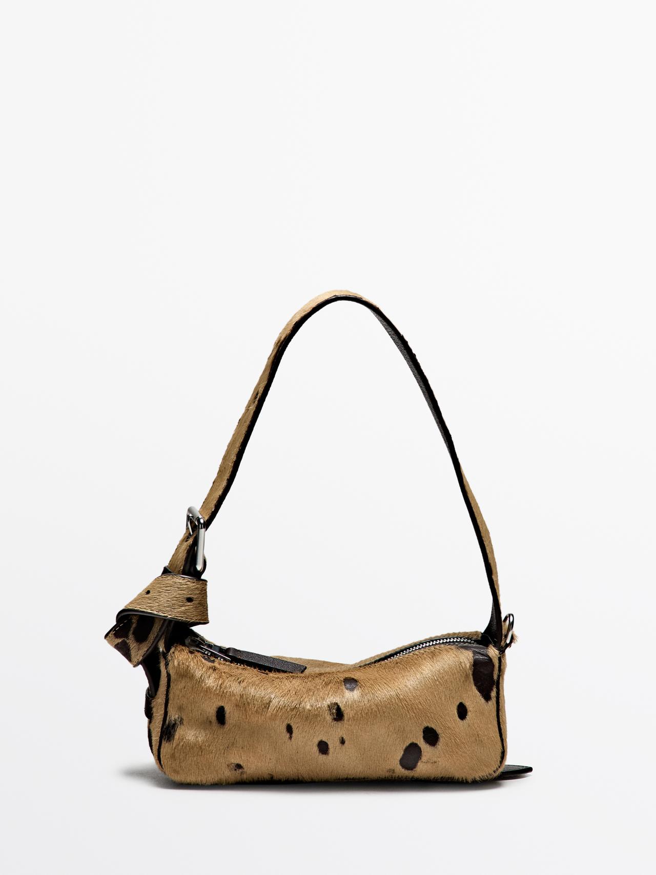 Massimo Dutti - Dame - Mini Leather Bag With Printed Fur - Råhvid - 01