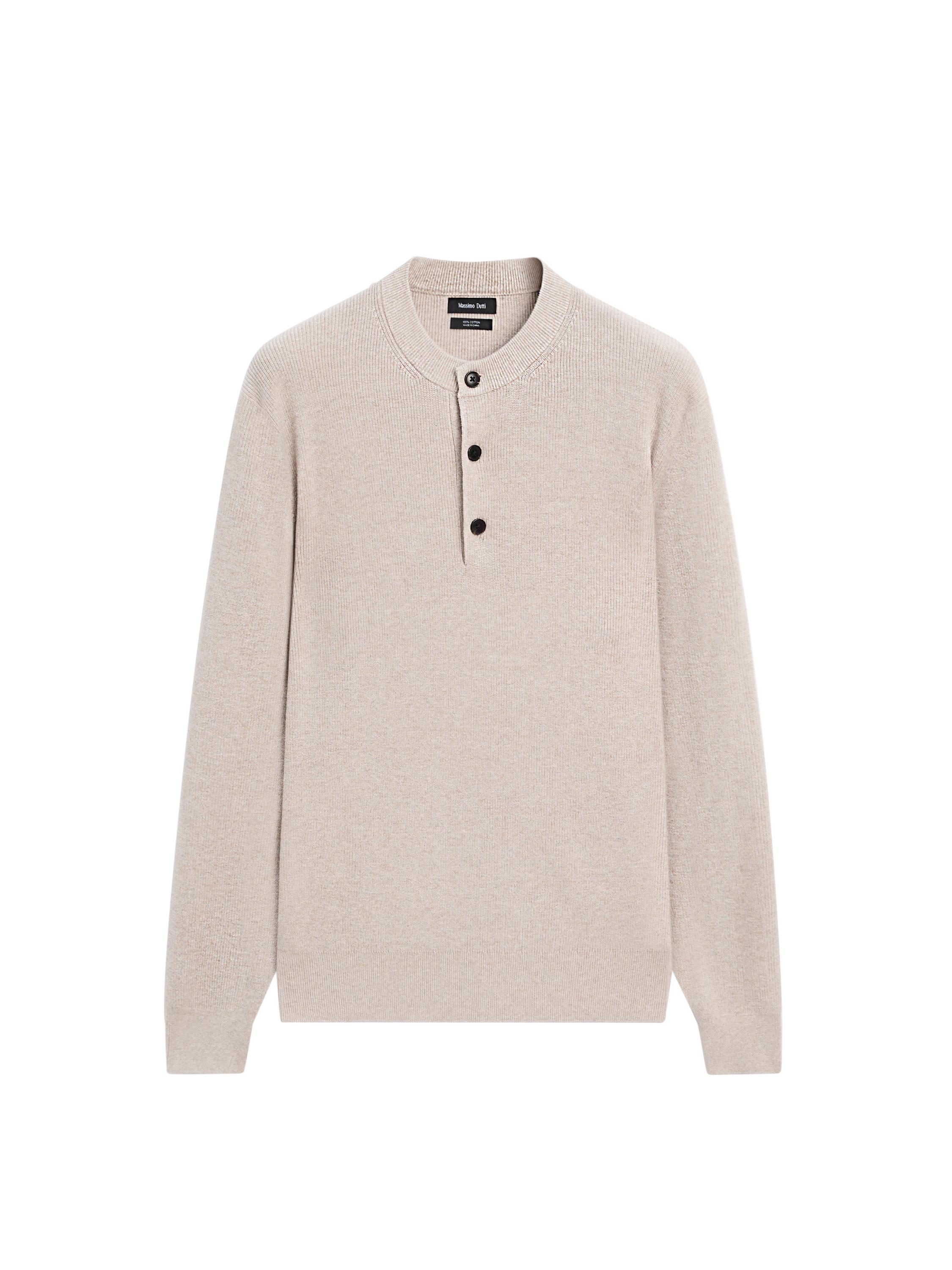 100% cotton knit henley sweater — BEIGE
