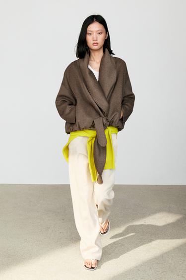 Wrap-style melange wool blend jacket — MOLE BROWN 1