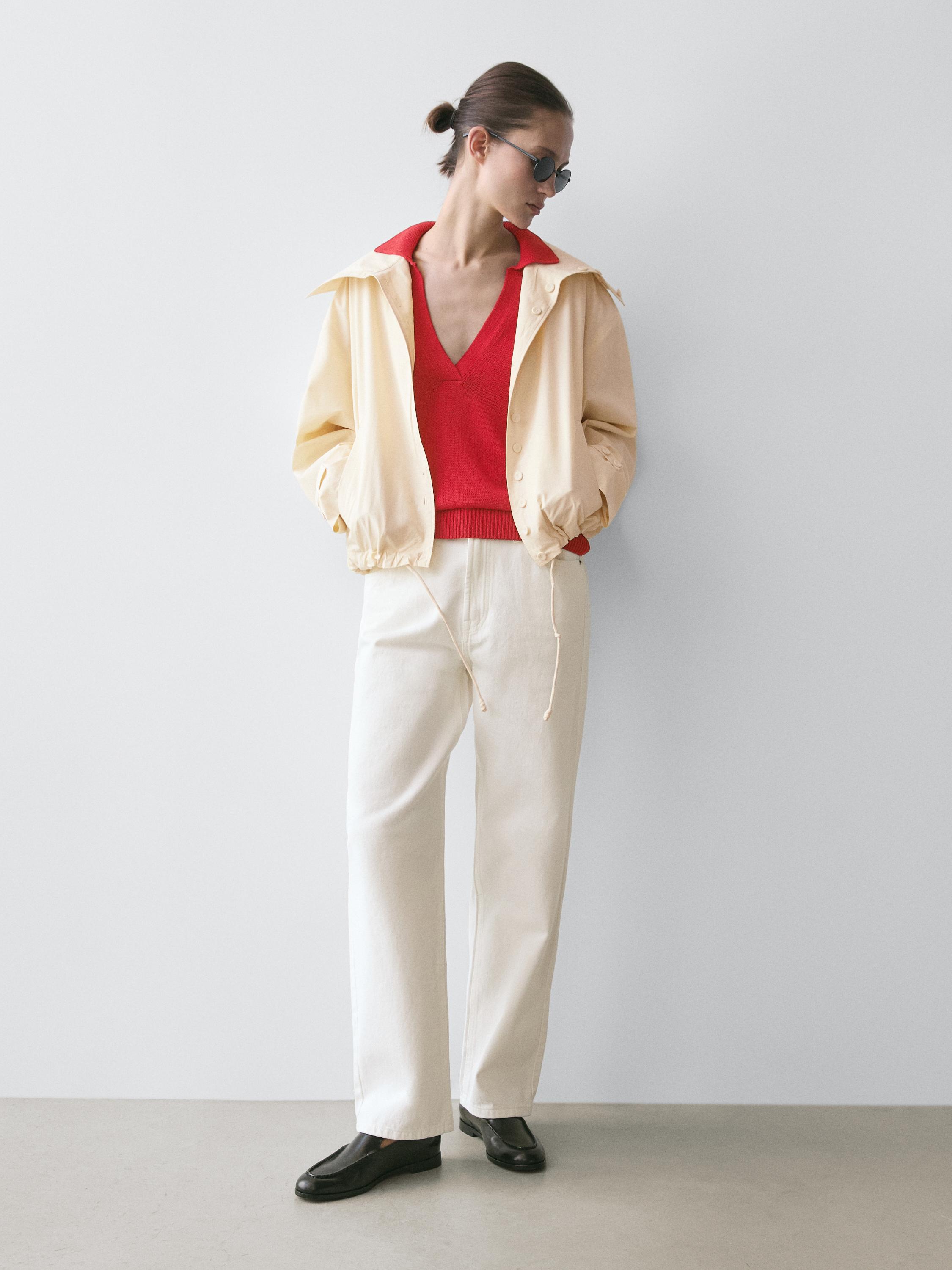 Flowing knit polo sweater — RED