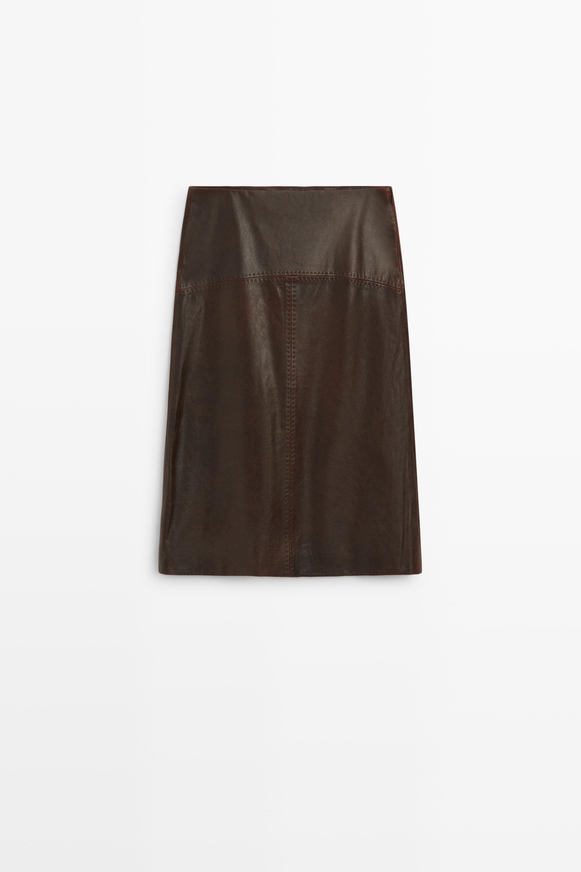 Straight nappa leather midi skirt with seam details by Massimo Dutti