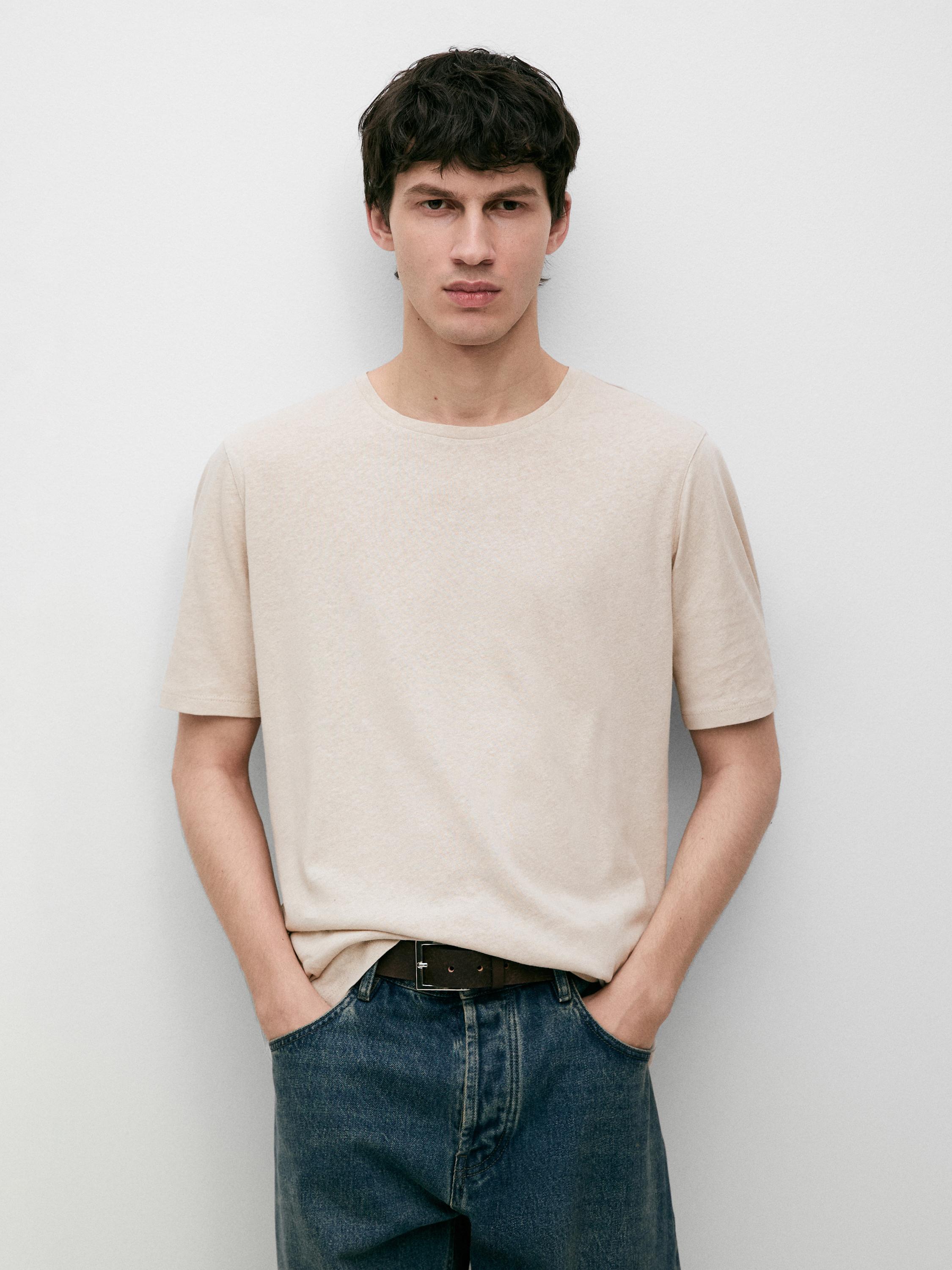 Short sleeve linen and cotton T-shirt — BROWN