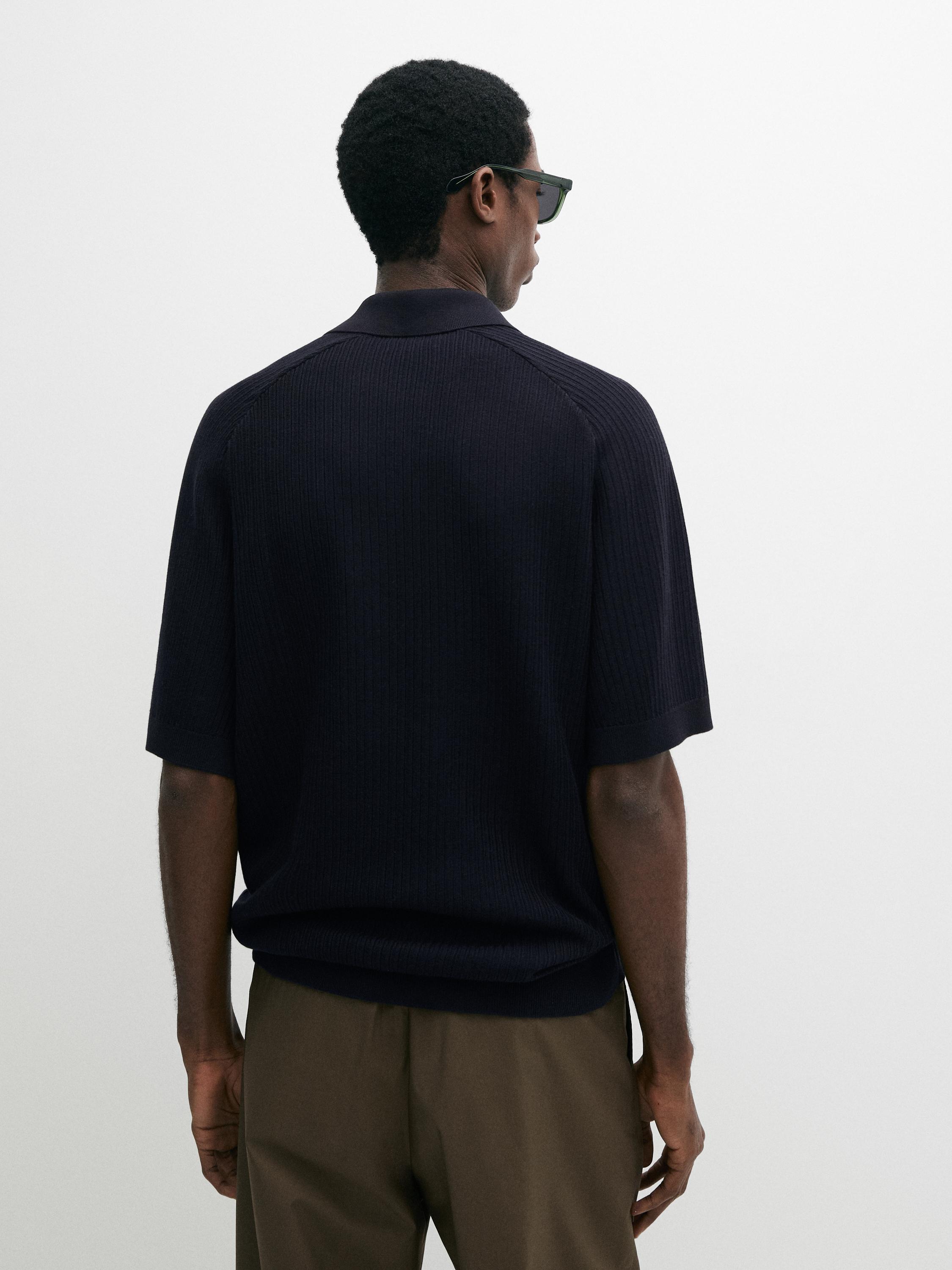 Ribbed knit cotton polo sweater — NAVY BLUE