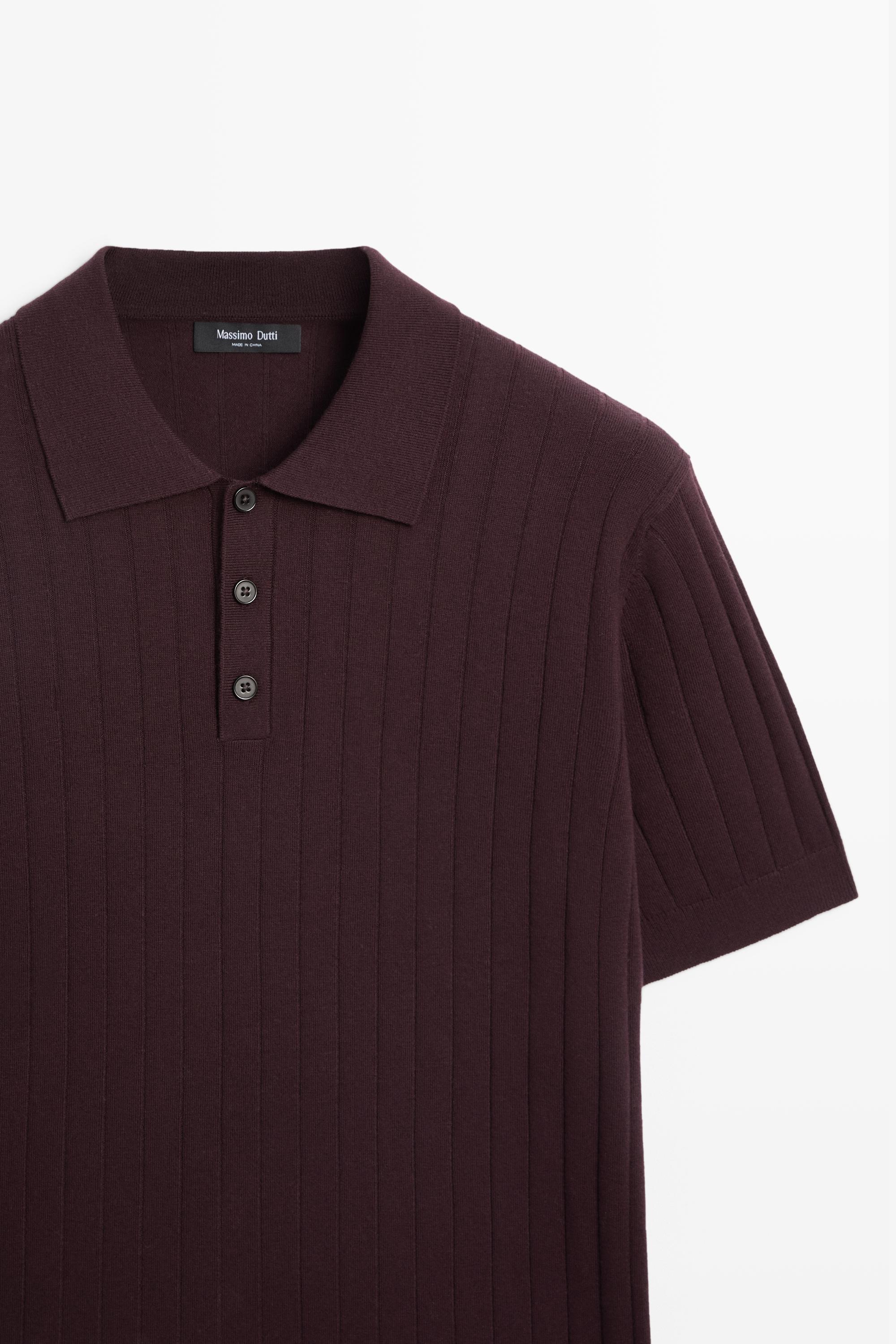 Ribbed knit cotton blend polo shirt — BURGUNDY