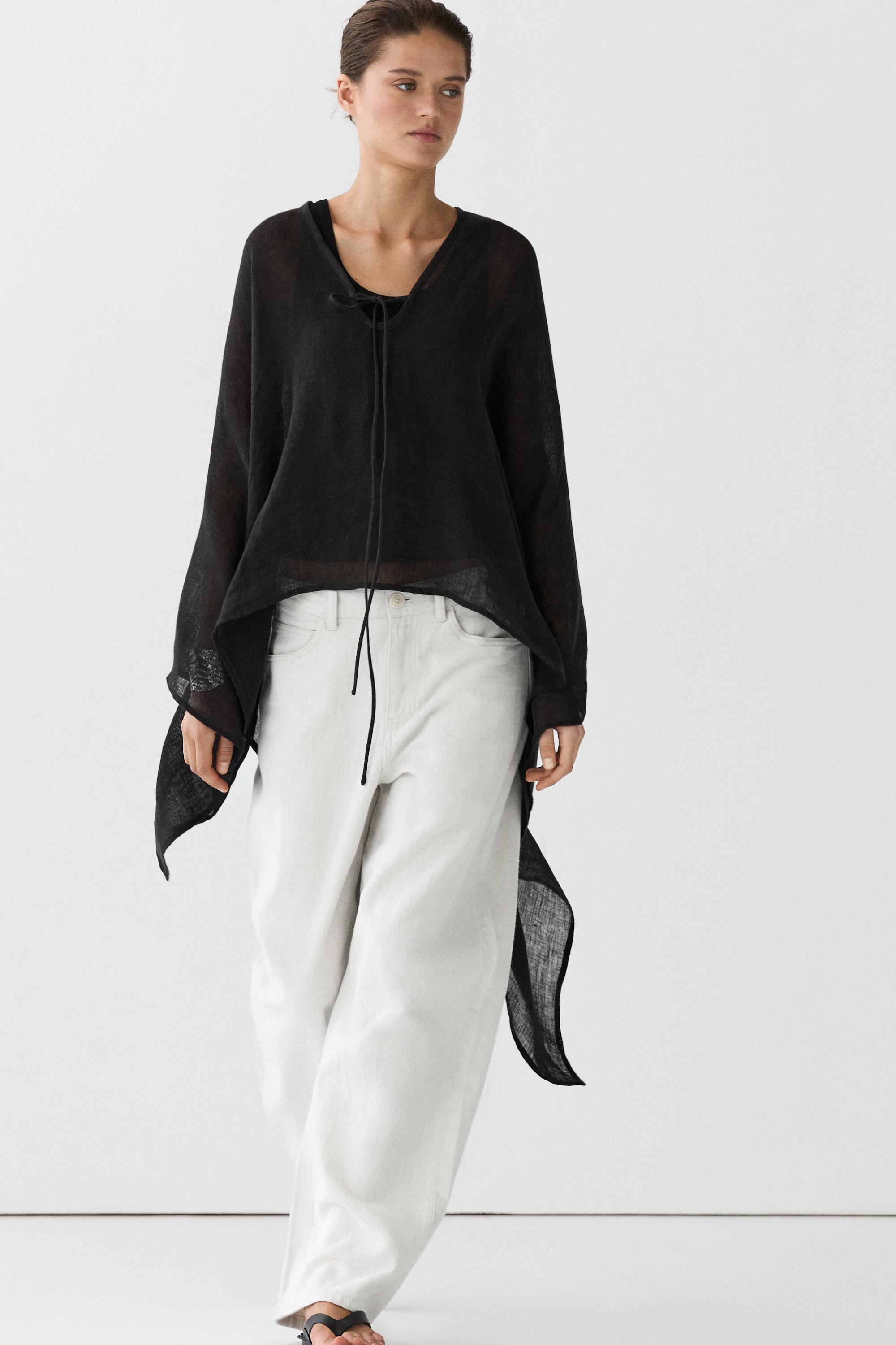 100% linen cape with tie details — BLACK
