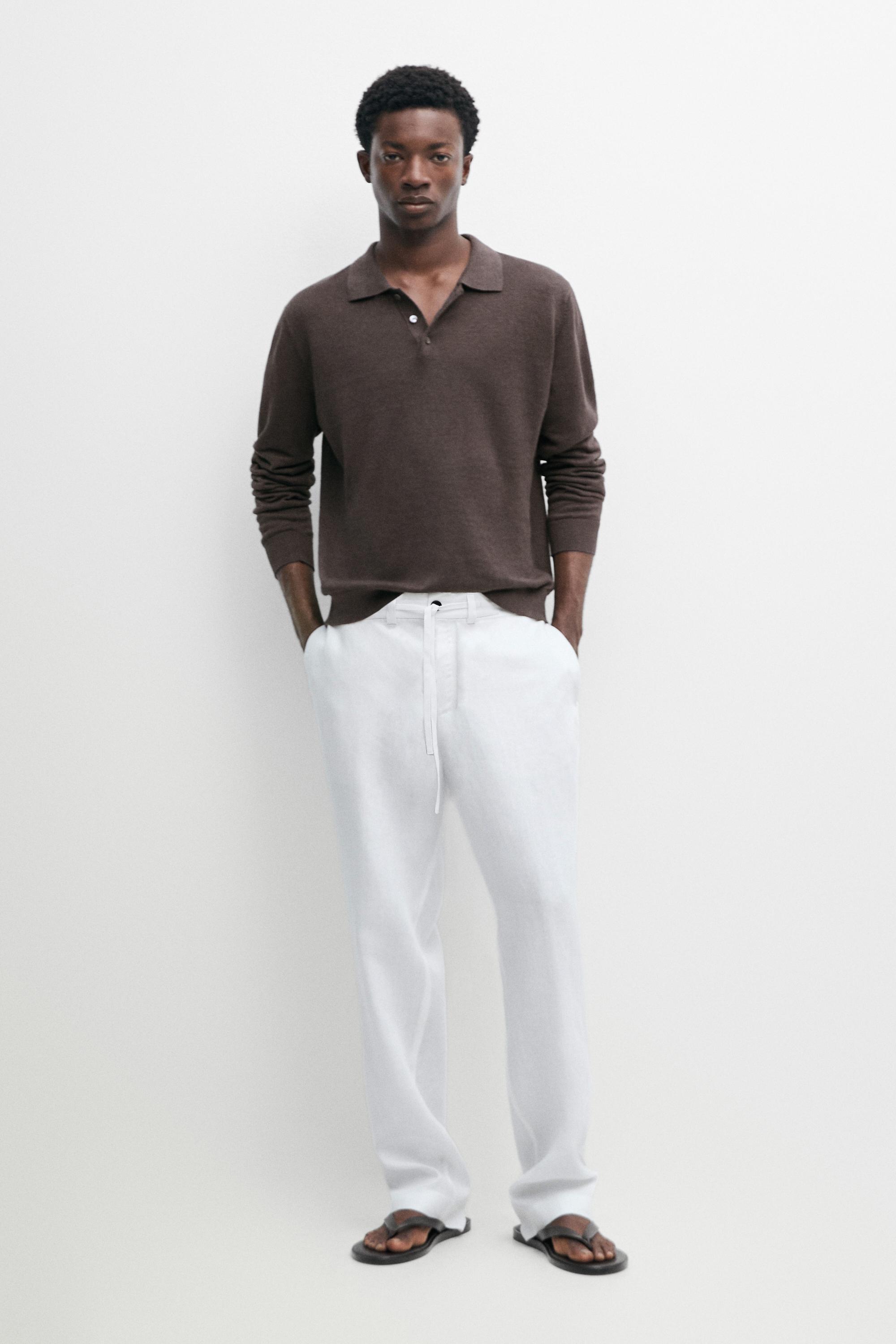 100% linen trousers with elasticated waist — WHITE
