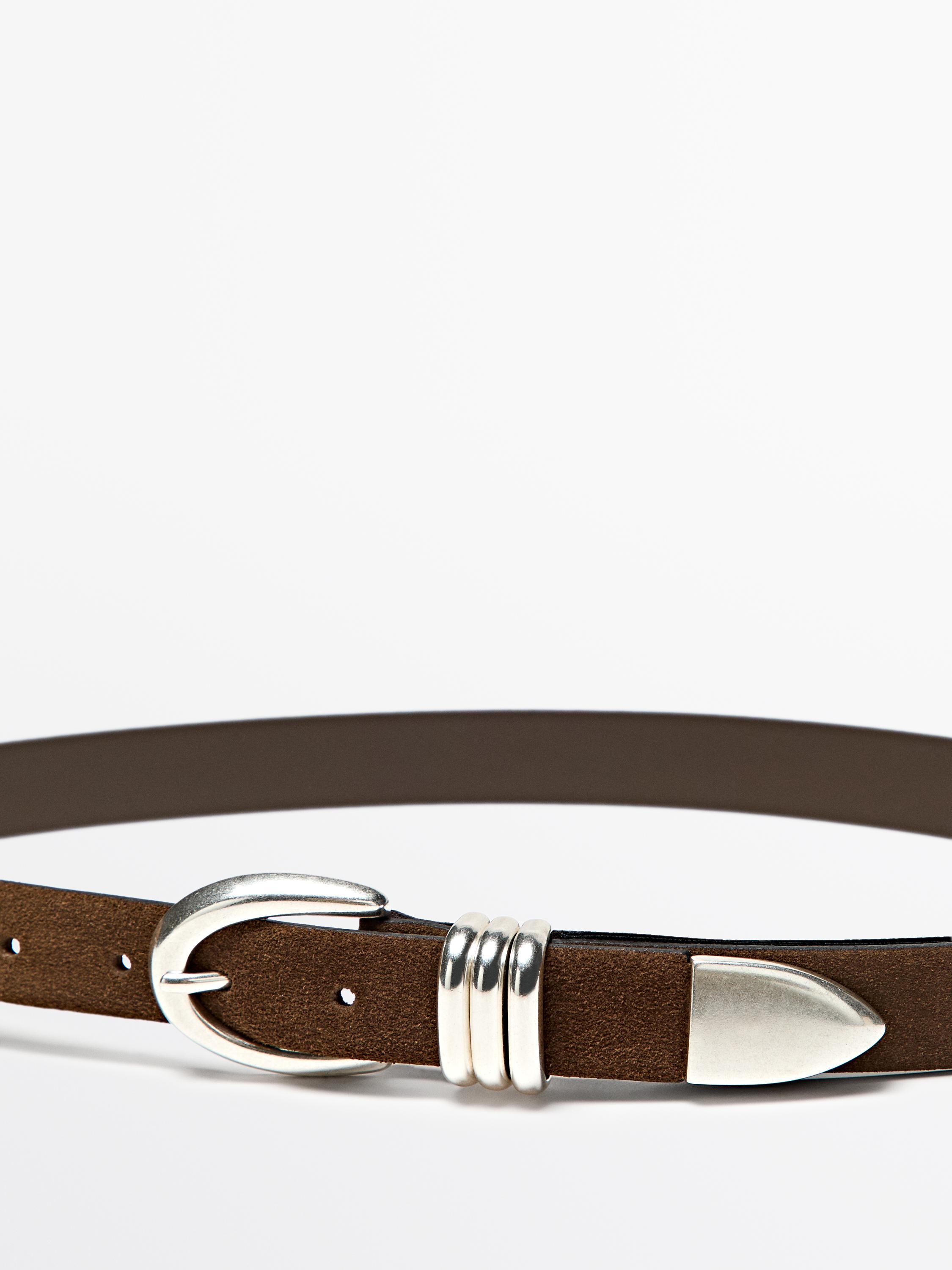 Split suede leather belt with metal detail — MOLE BROWN