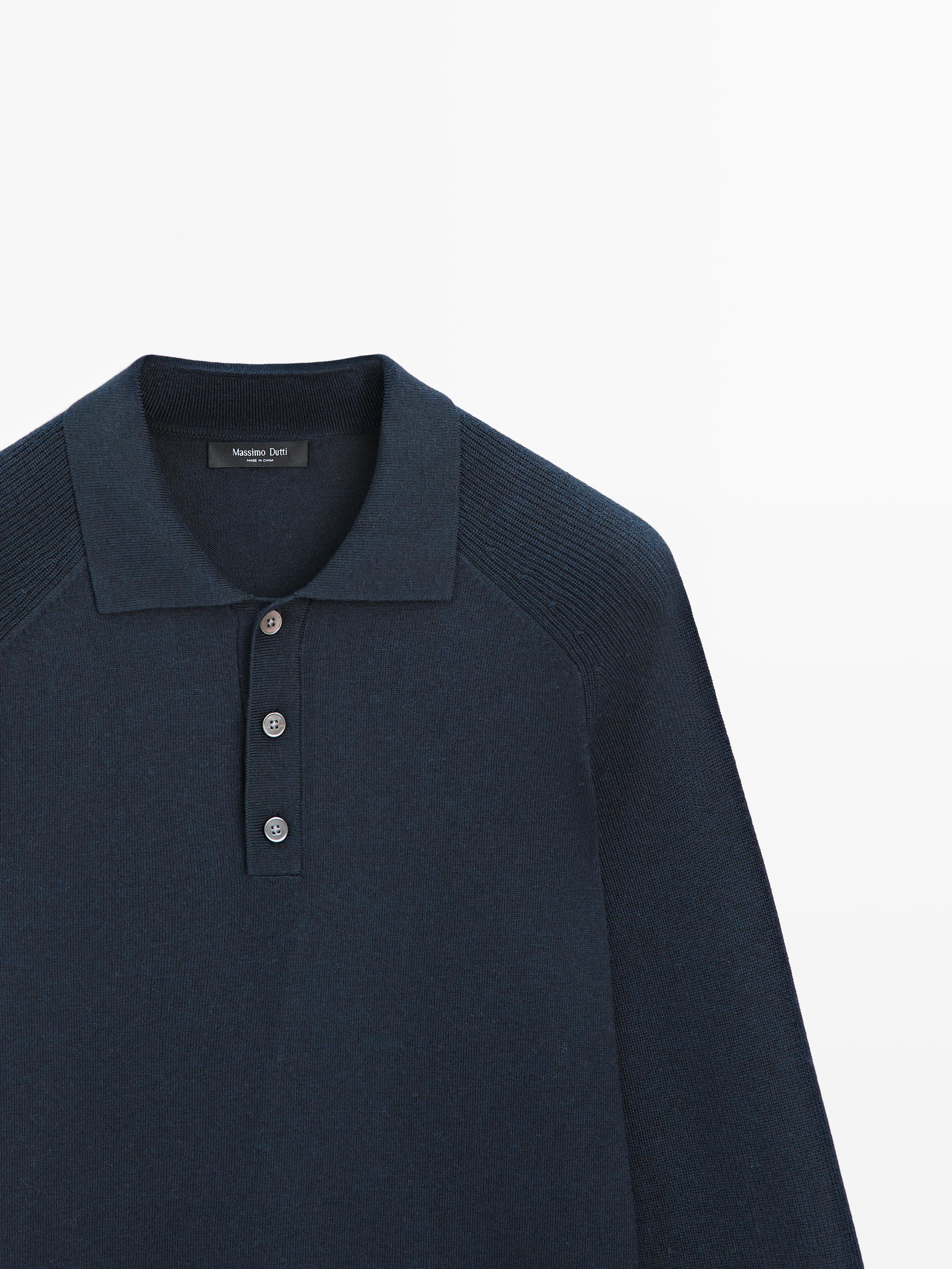 Cotton blend knit polo sweater — NAVY BLUE