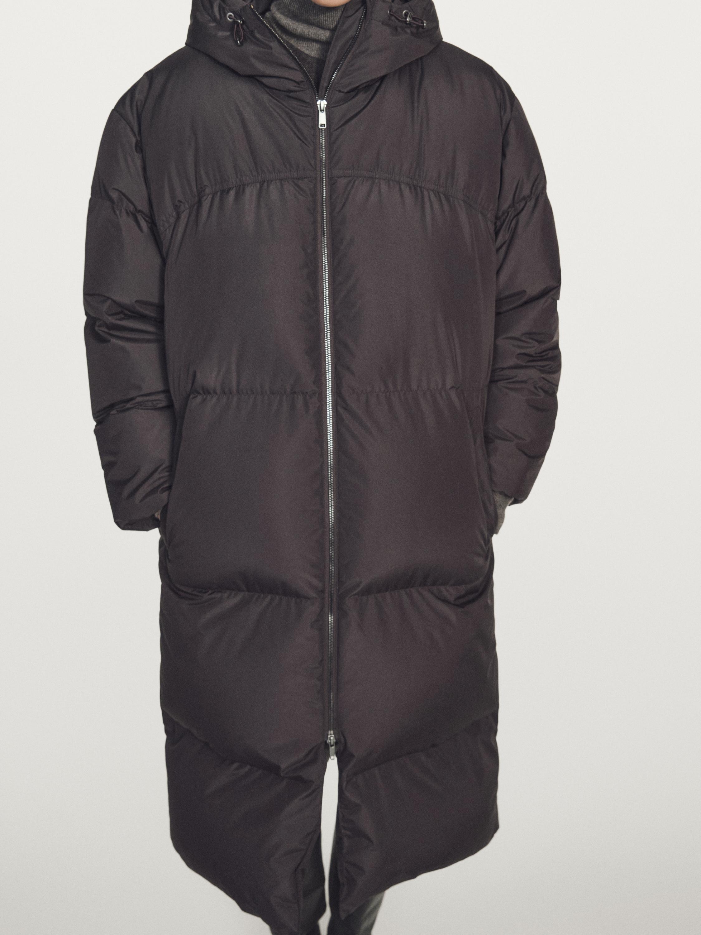 Long water-repellent puffer down jacket with hood