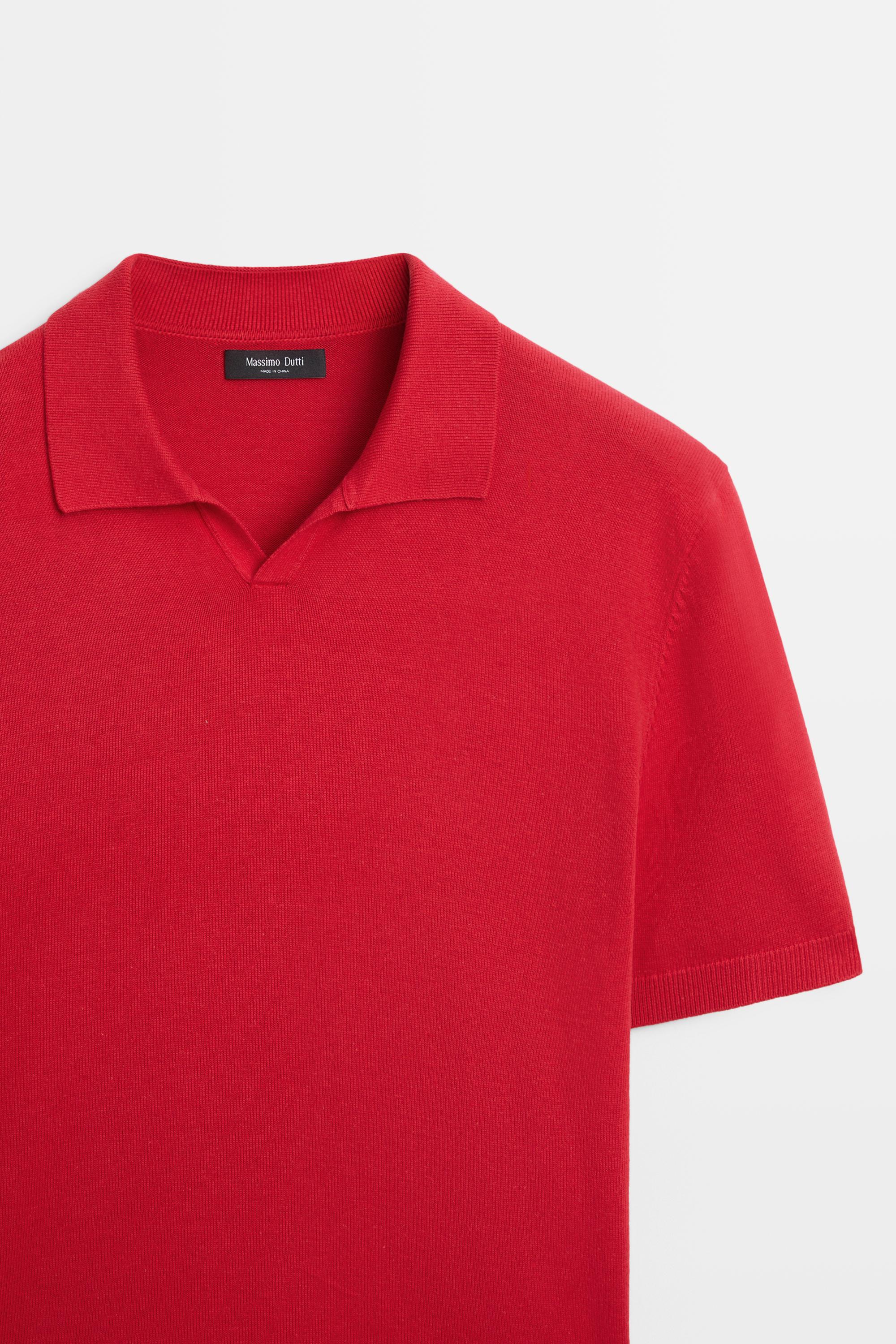Cotton blend V-neck polo shirt — RED