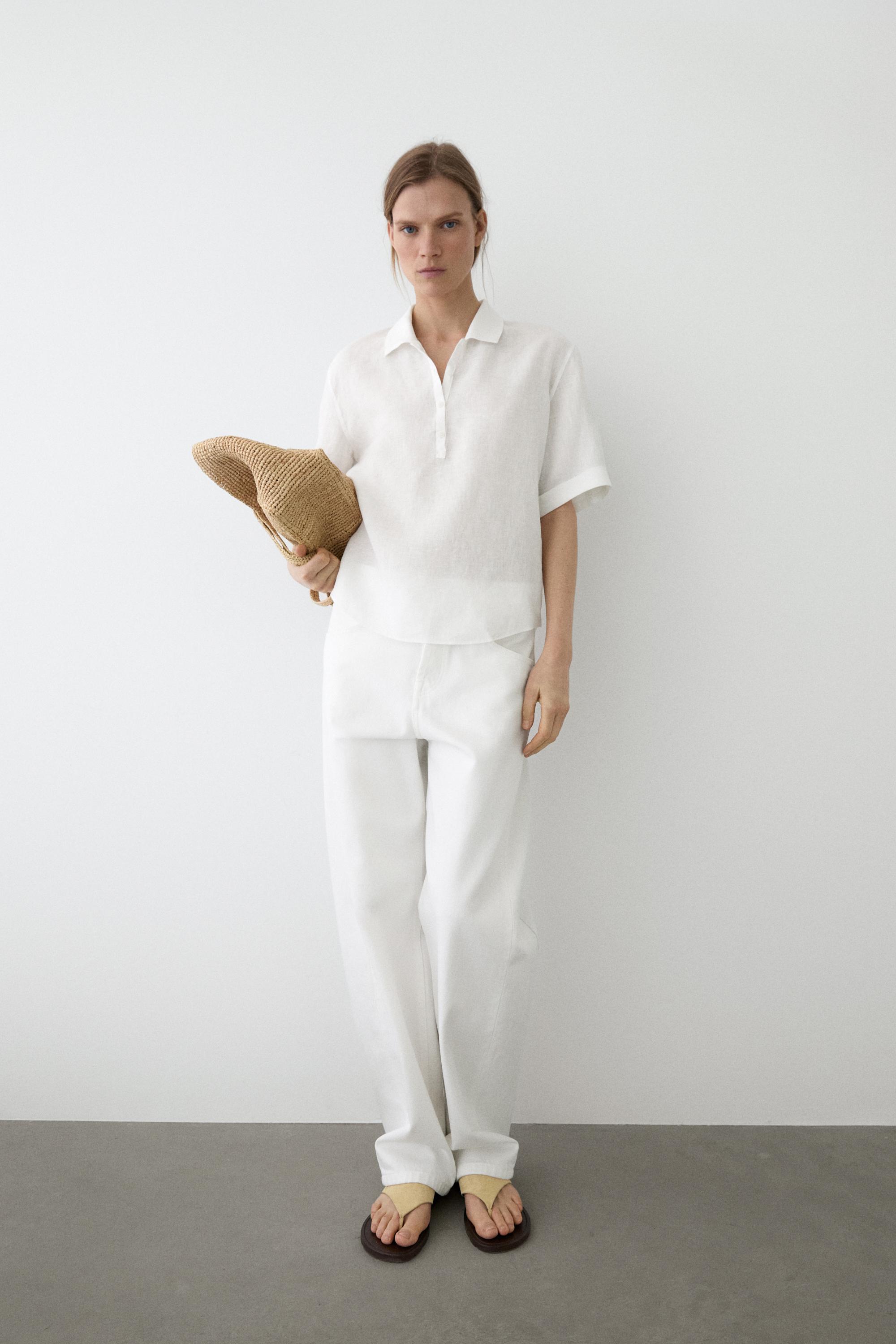 Short sleeve linen polo shirt — WHITE