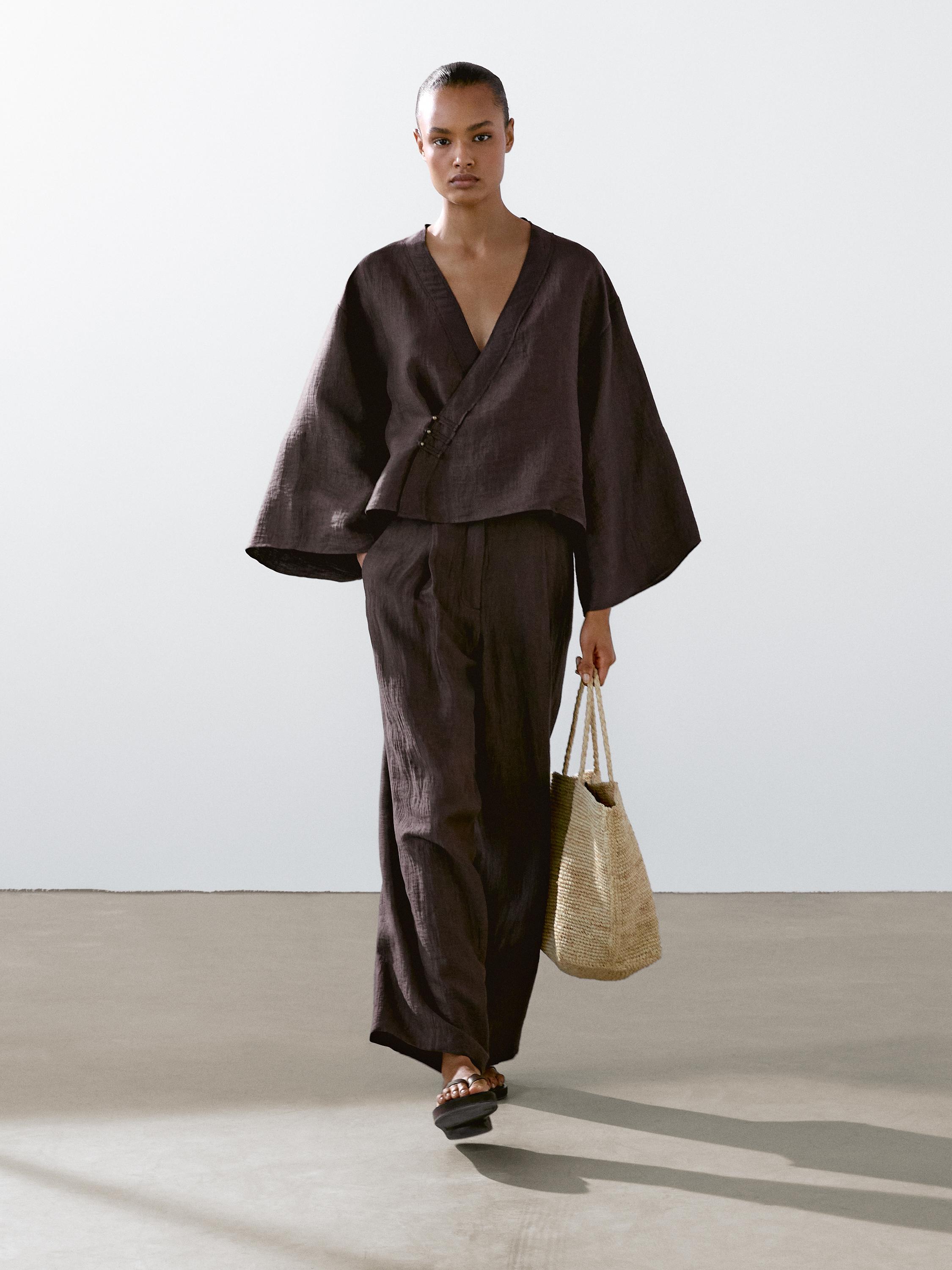 Linen blend crossover kimono