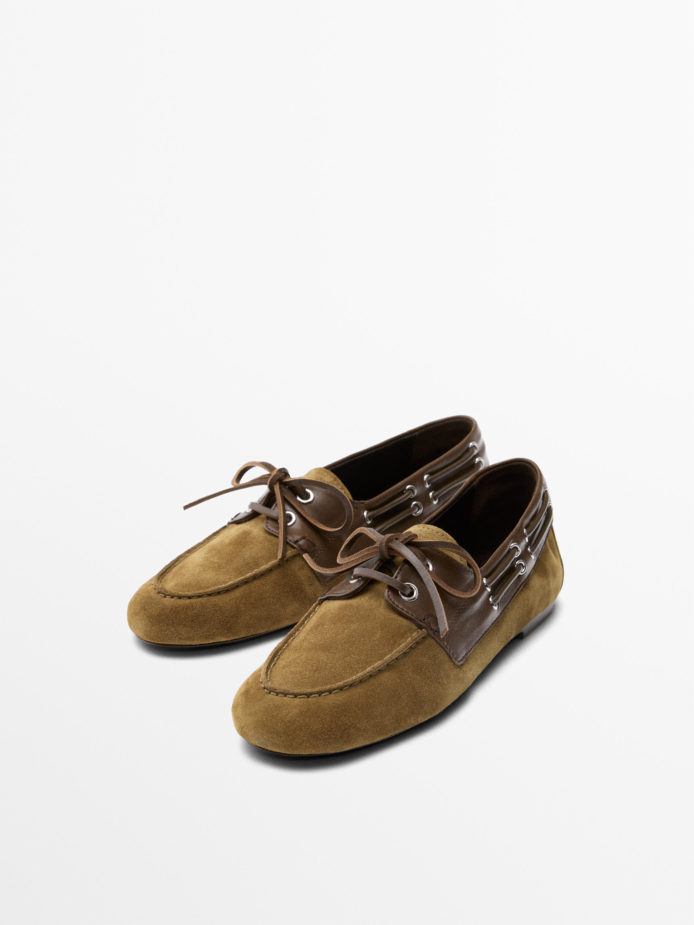 Contrast leather deck shoes — CAMEL
