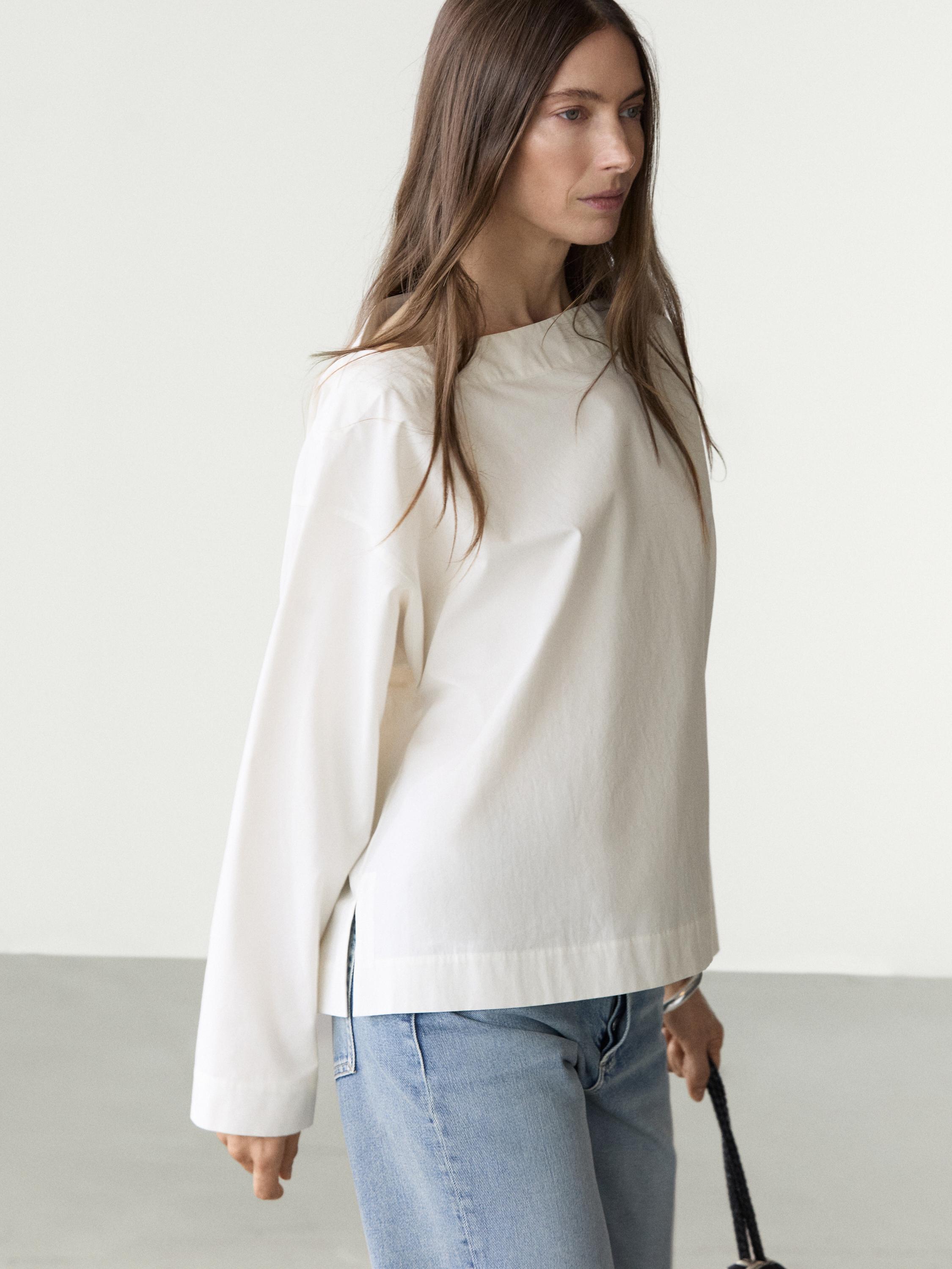 Poplin boat neck blouse — WHITE