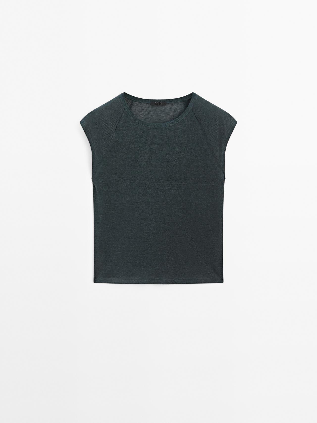 Massimo Dutti - Dame - Let T-Shirt I 100% Hør I Rib - Bly Blå - S