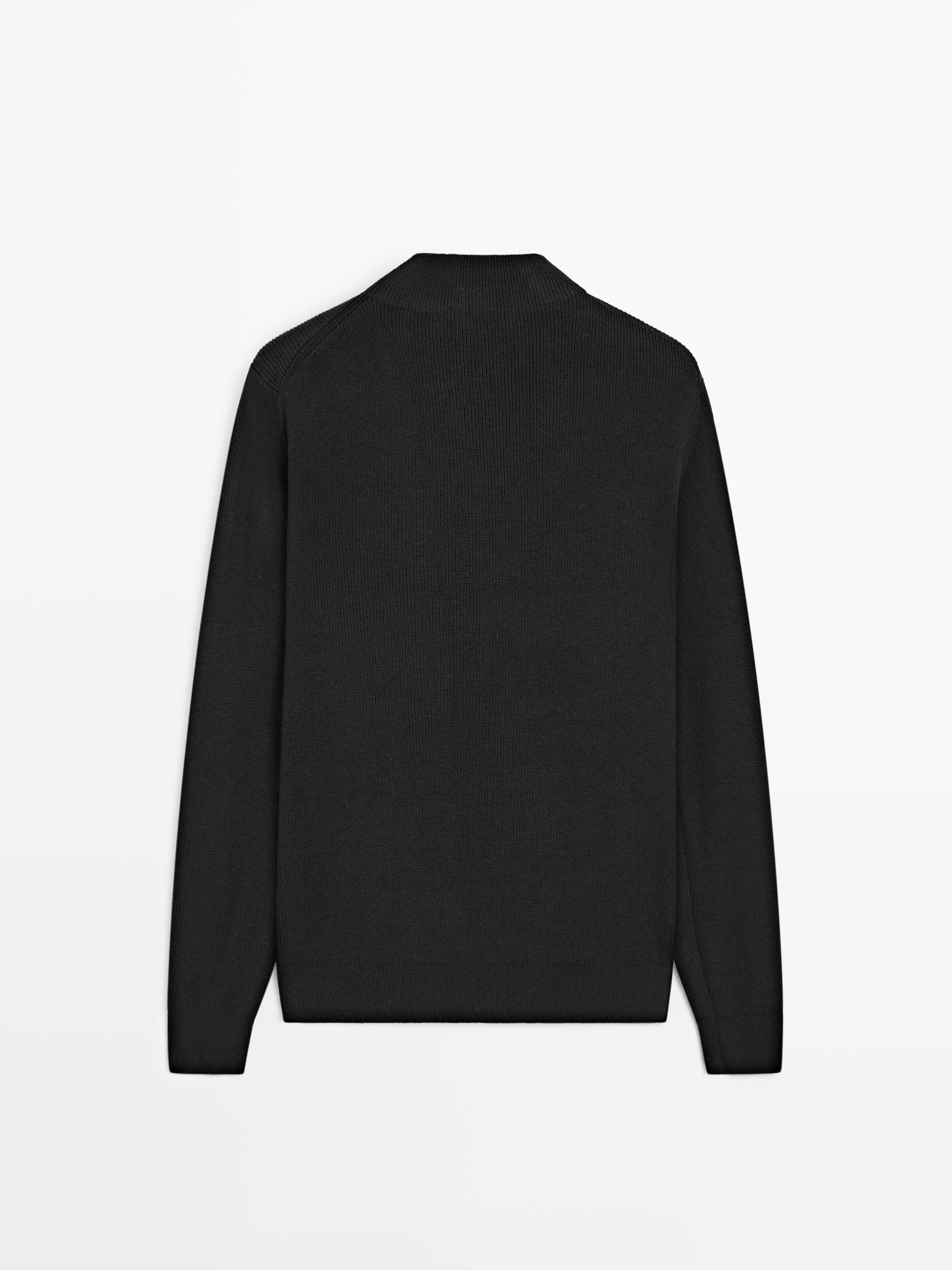 Cotton blend knit sweater with mock turtleneck — BLACK