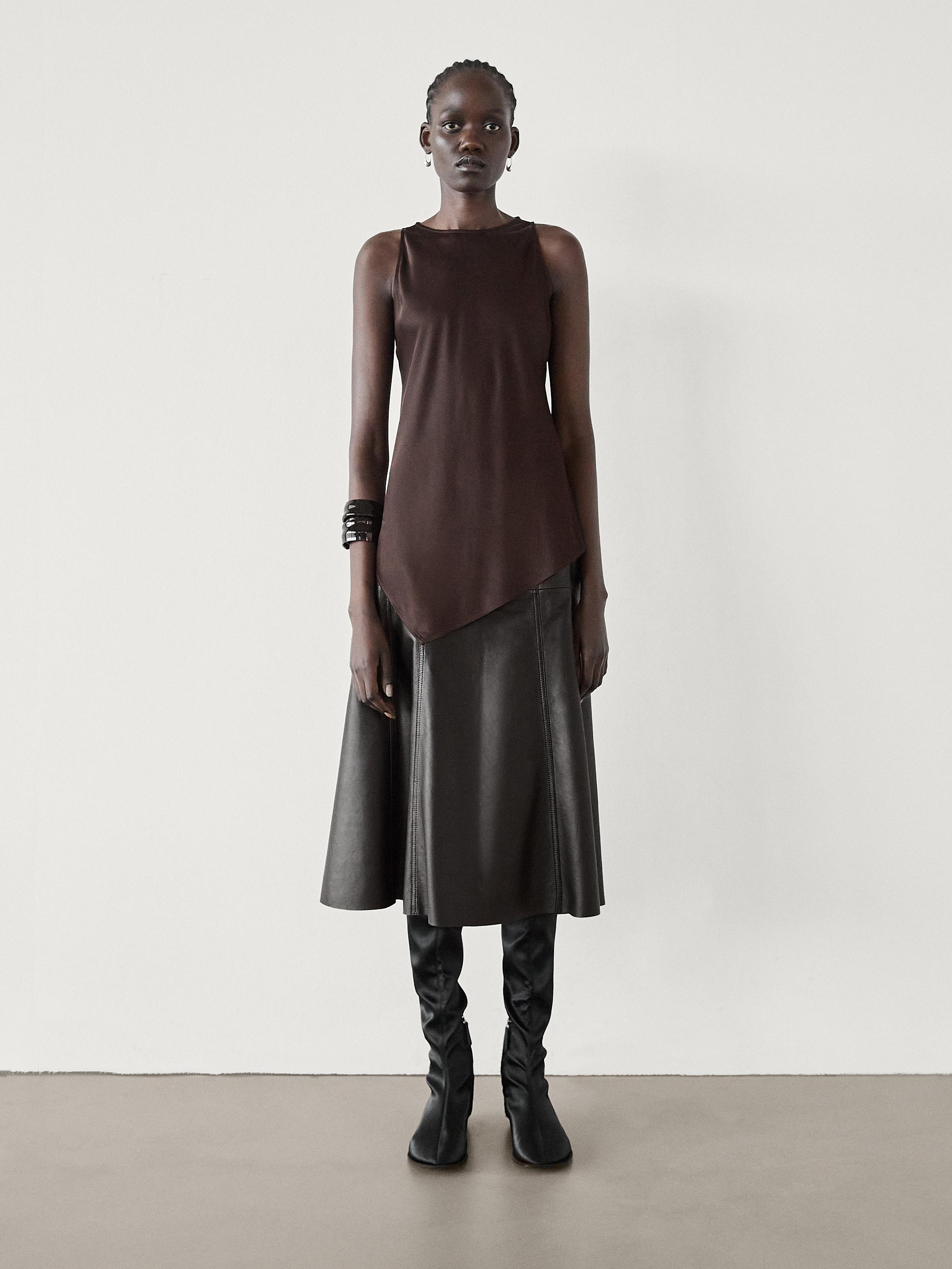 Nappa leather flounce skirt Brown Skirts Massimo Dutti