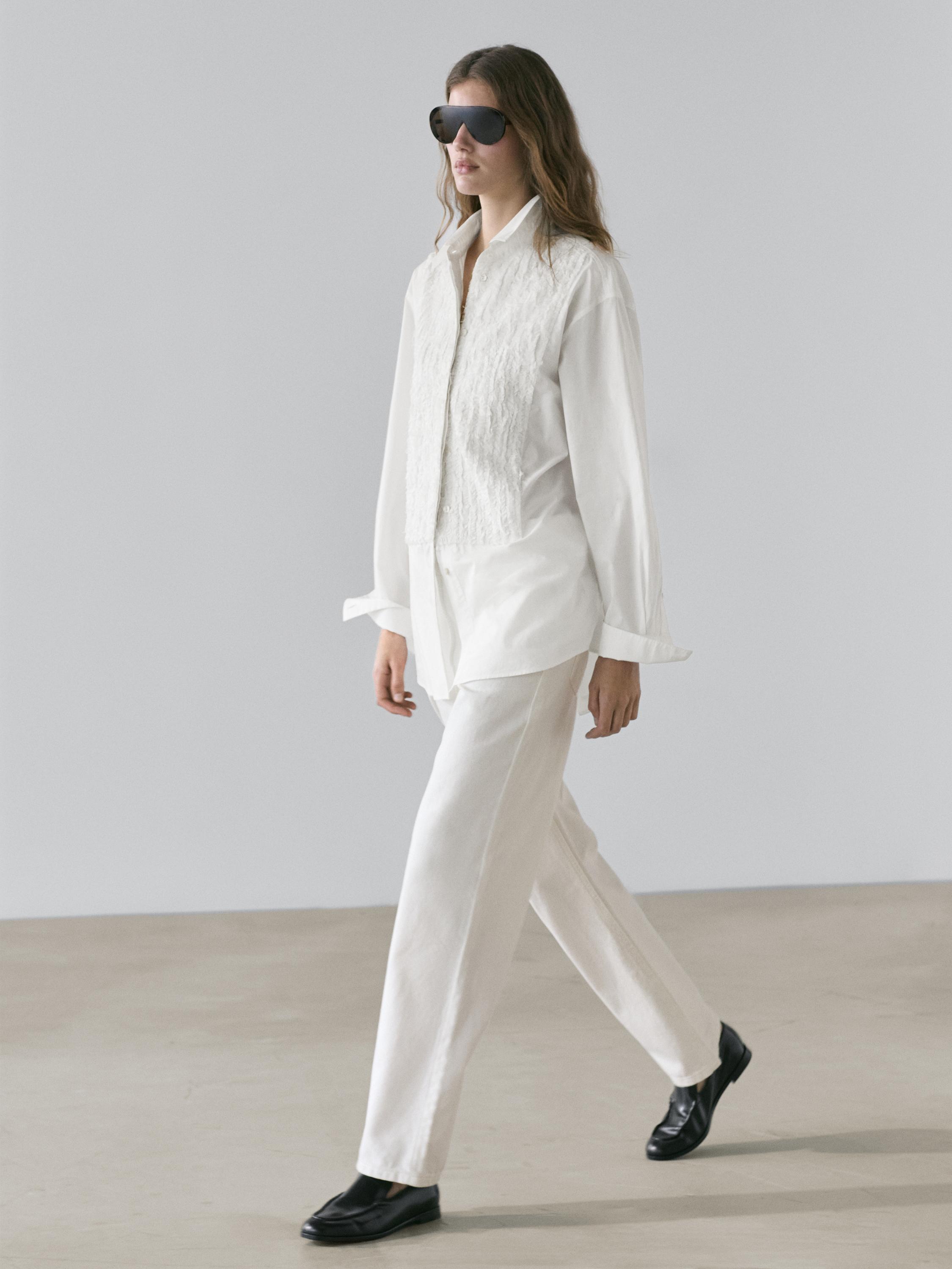 Bib front shirt with embroidered detail — WHITE