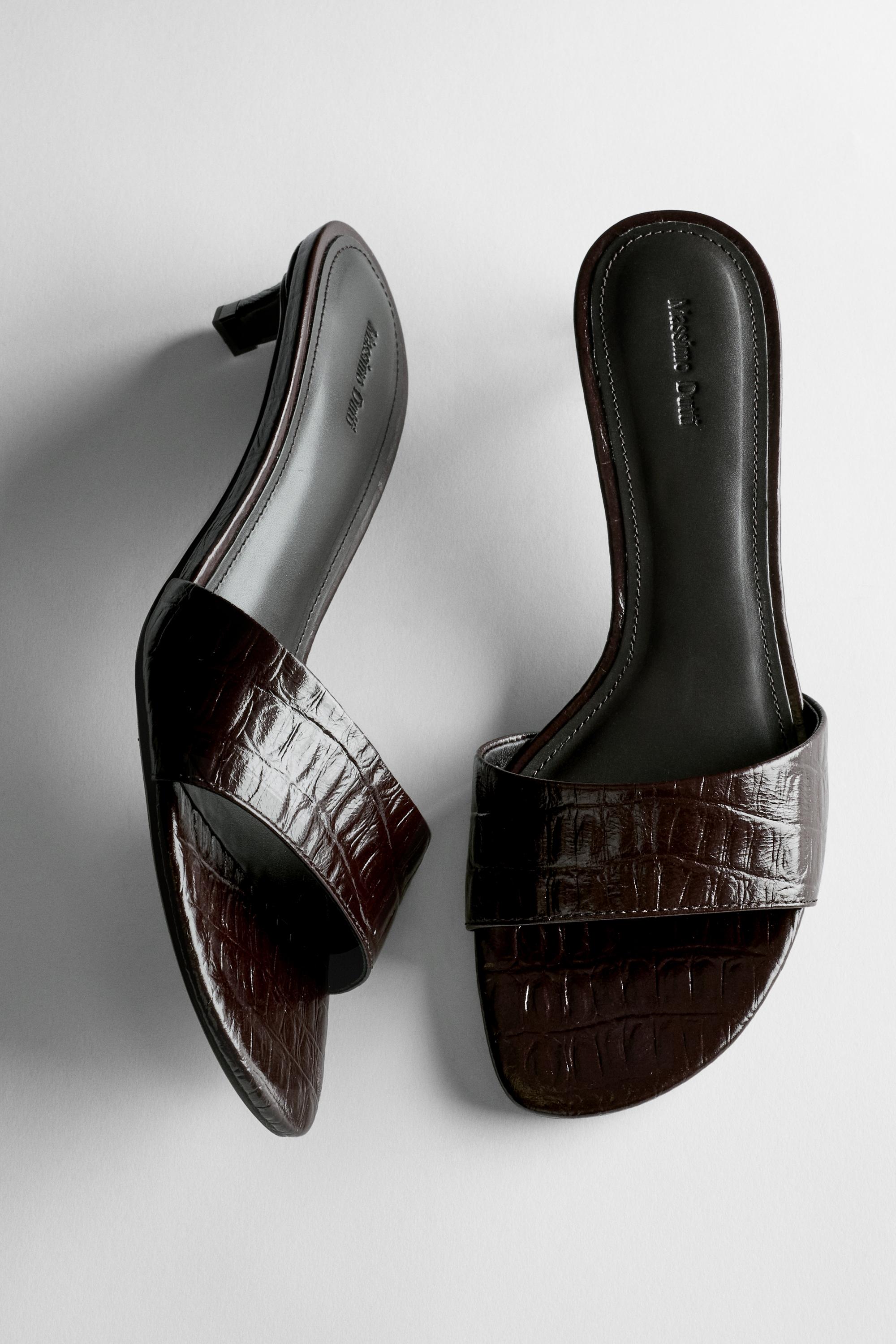 High-heel sandals in embossed leather — BROWN