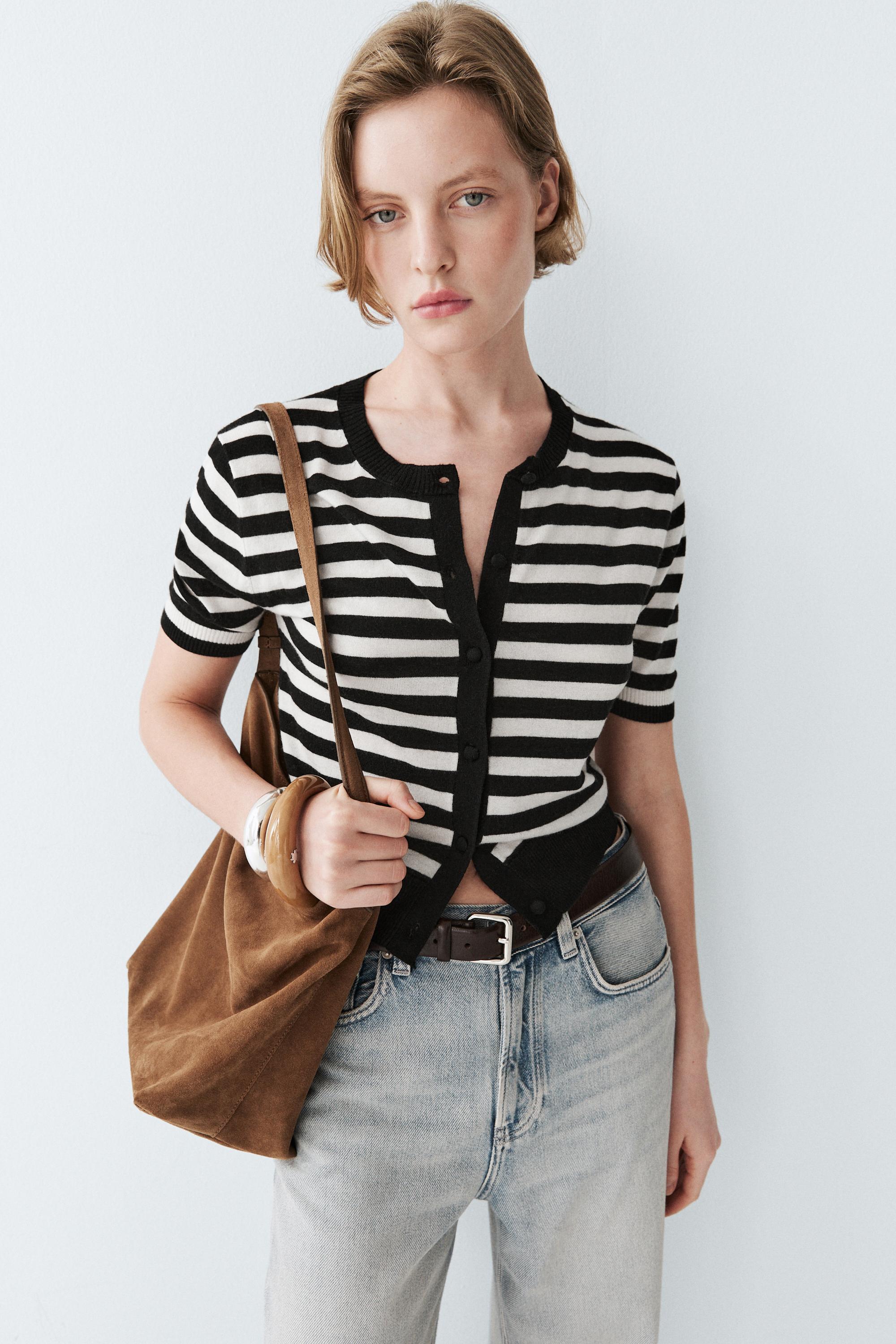 Striped short sleeve knit cardigan — BLACK