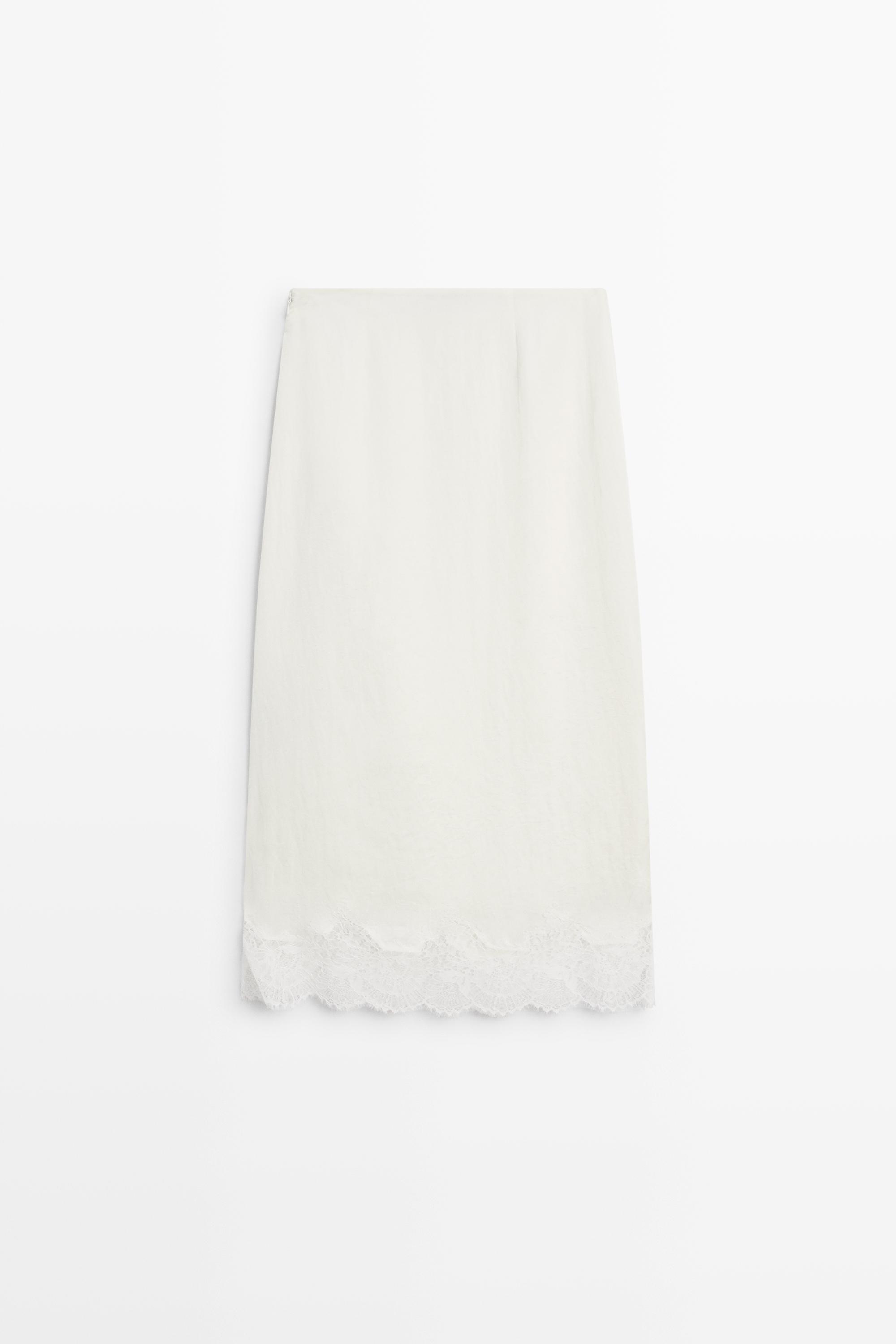 Flowing midi skirt with lace detail — WHITE