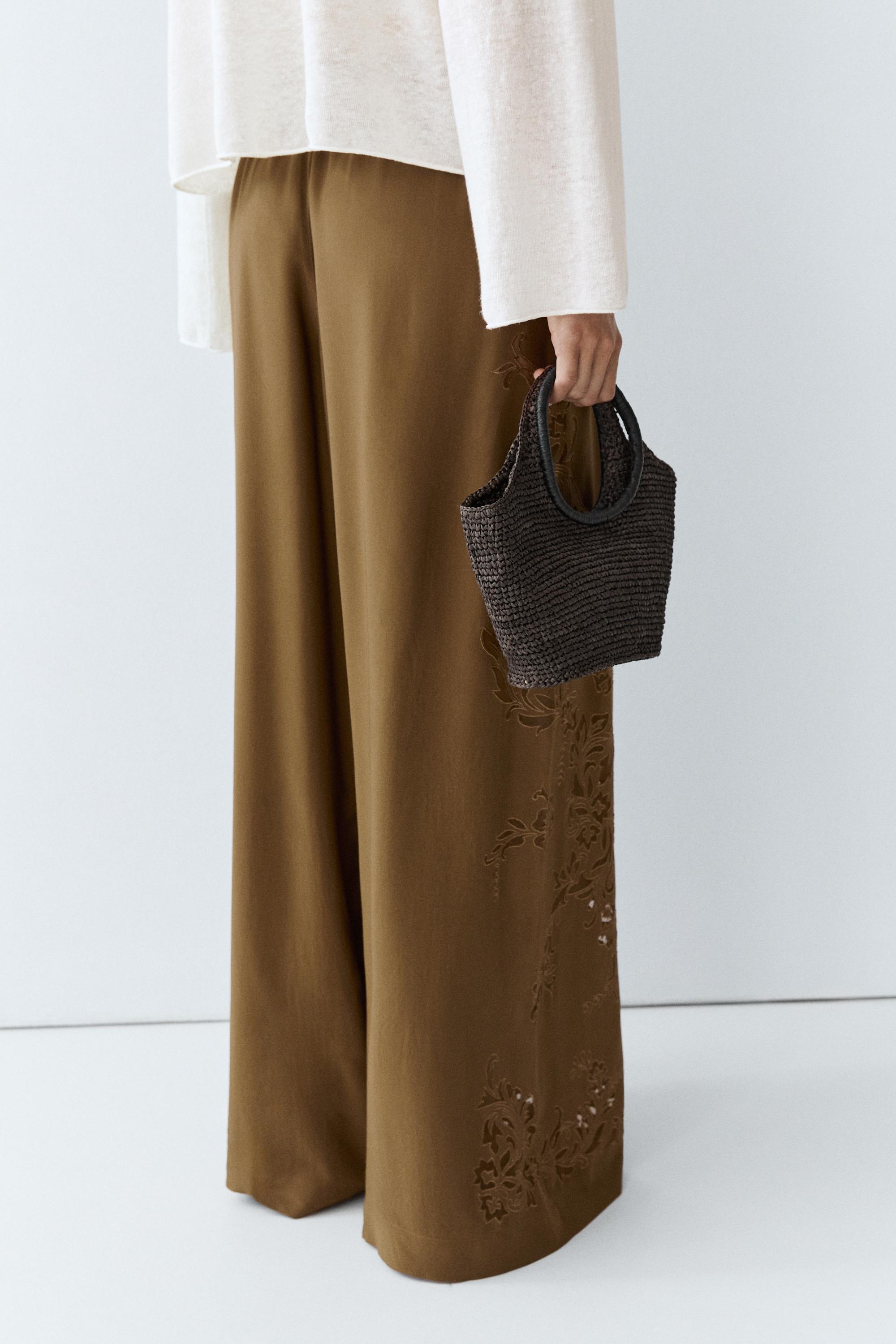Flowing wide-leg pants with embroidery details — KHAKI