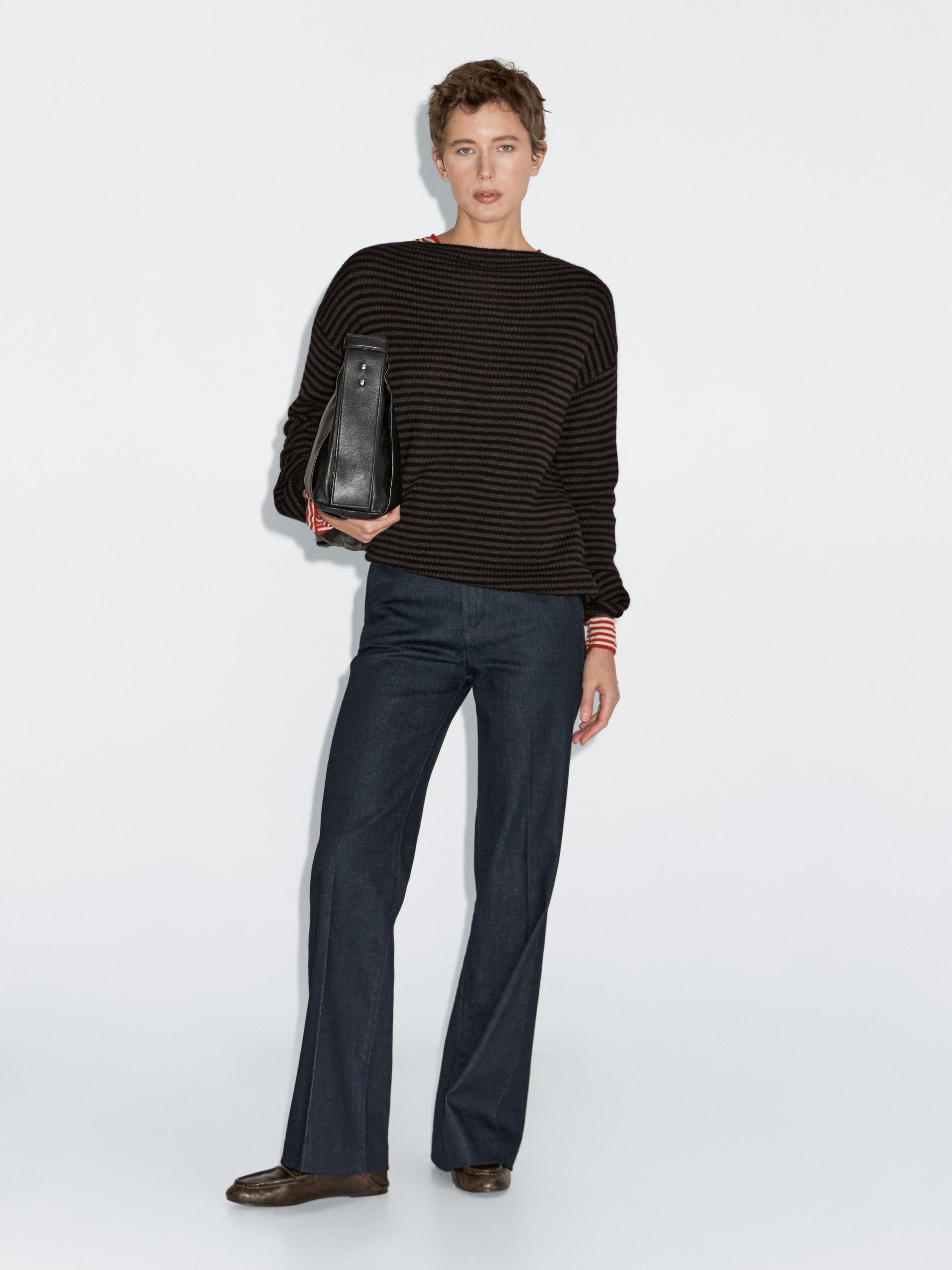 Dzianinowy Sweter Ze 100% Wełny W Paski - Czekoladowy - Xs - Massimo Dutti - Kobieta